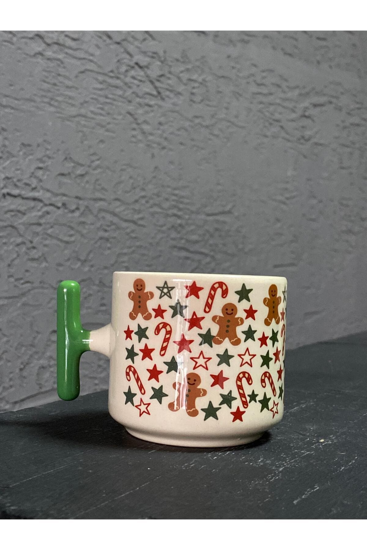 Karışık Yıl Başı Desenleri Baskılı Yeşil Kulplu T Kupa - Yılbaşı Hediyesi Bardak Fincan Mug