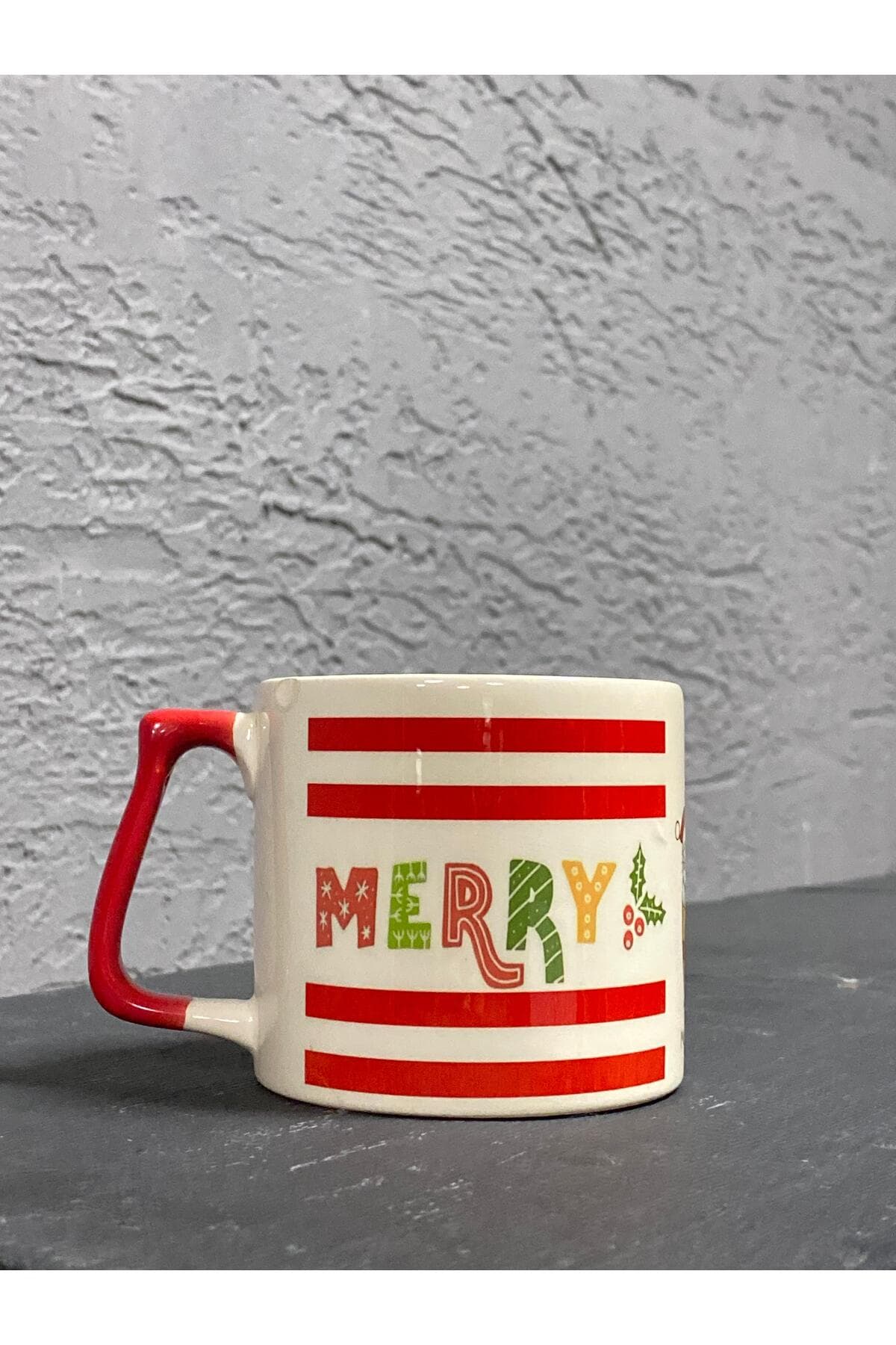 Merry Catmas Tam Tur Renkli Baskılı Kırmızı Kulplu Prime Kupa - Yılbaşı Hediyesi Bardak Fincan Mug