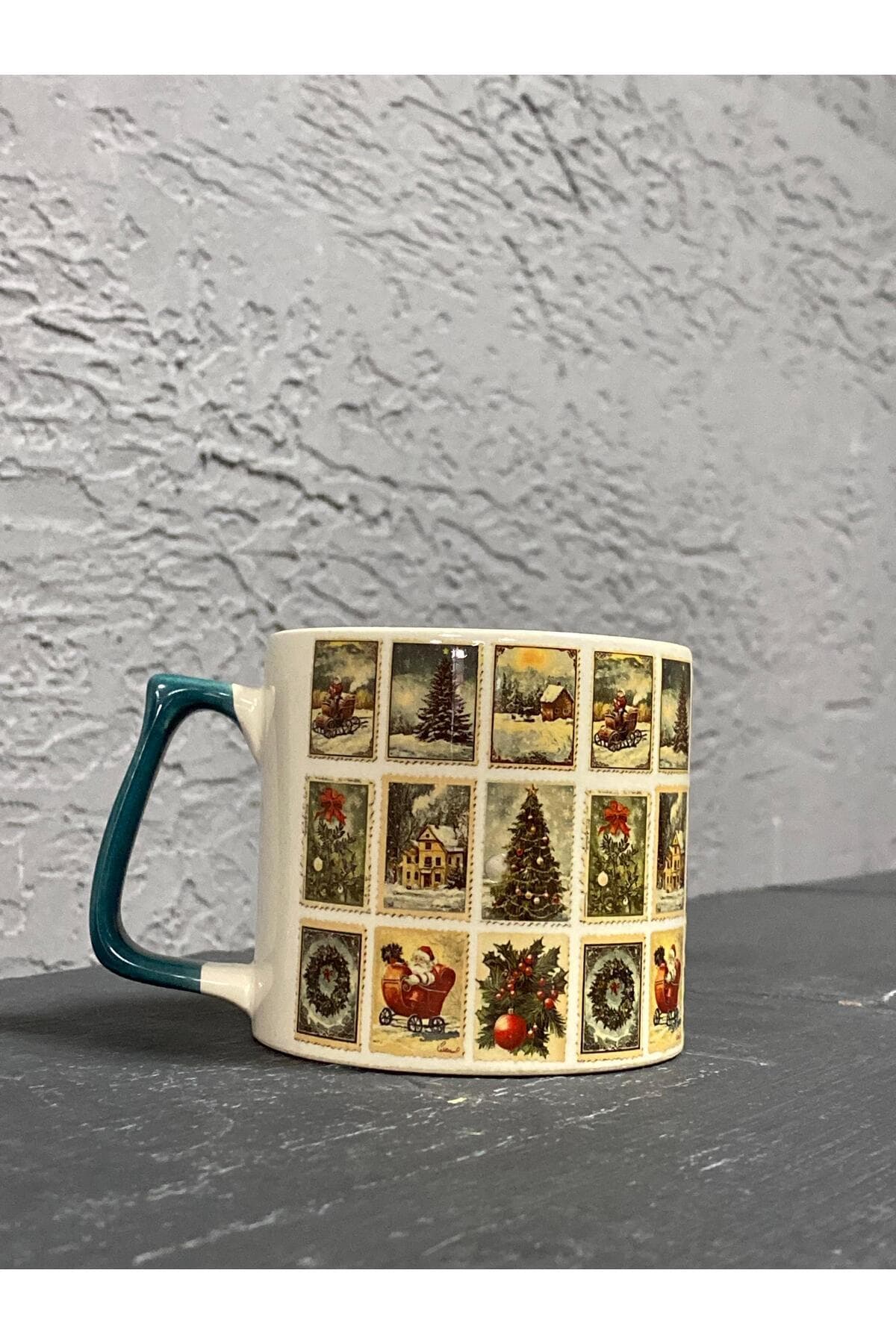 Yılbaşı Pulları Baskılı Yeşil Kulplu Prime Kupa - Yılbaşı Hediyesi Bardak Fincan Mug