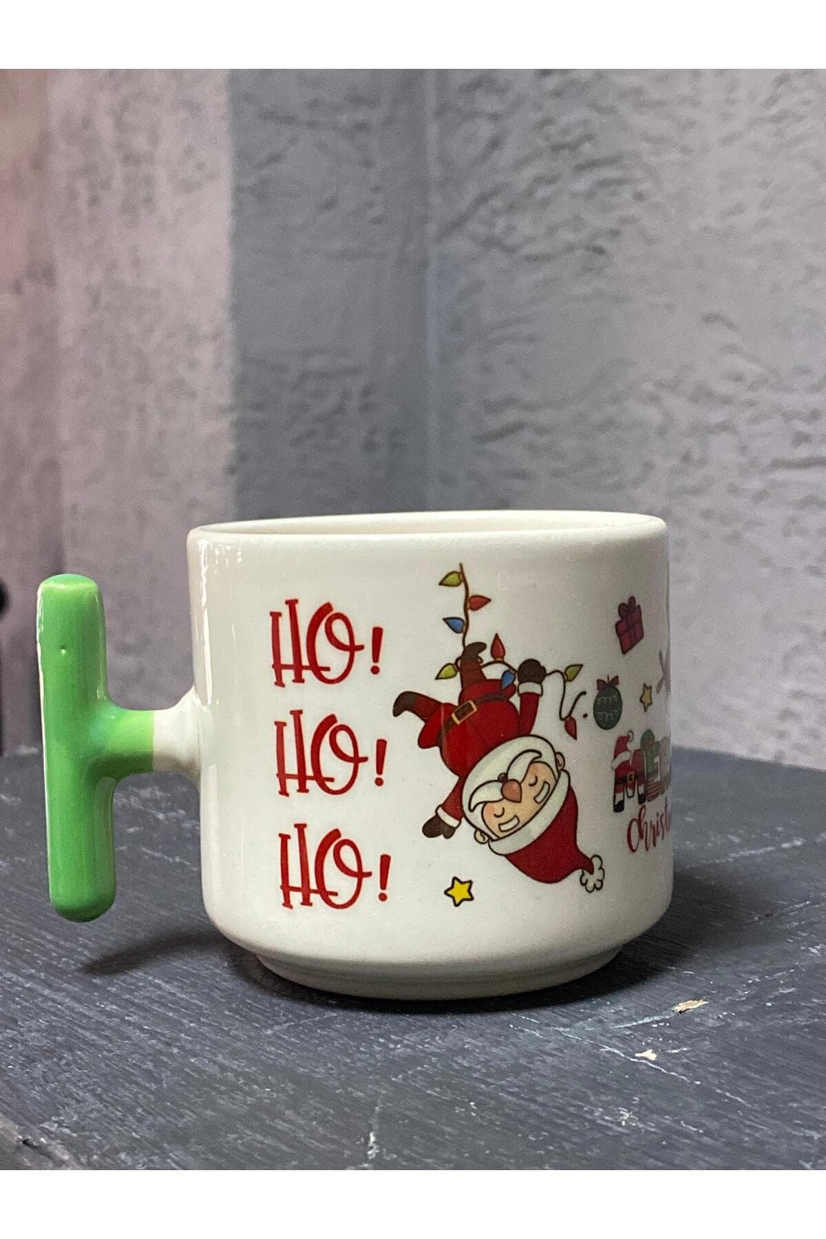 Ters Noel Baba Baskılı Yeşil Kulplu T Kupa - Babaya Hediye Bardak Fincan Mug