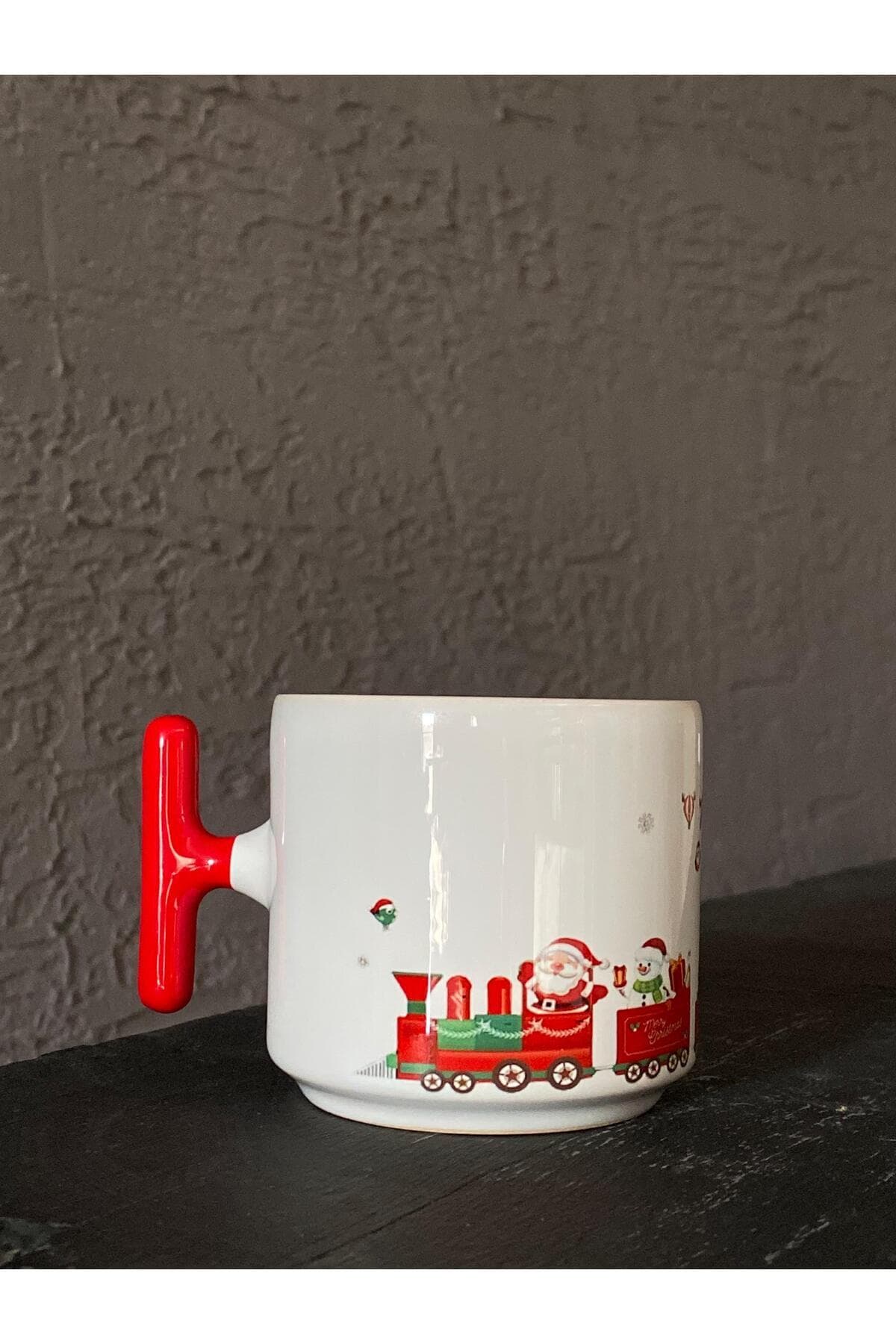 Noel Baba Treni Baskılı Kırmızı Kulplu T Kupa - Babaya Hediye Bardak Fincan Mug Model 00769