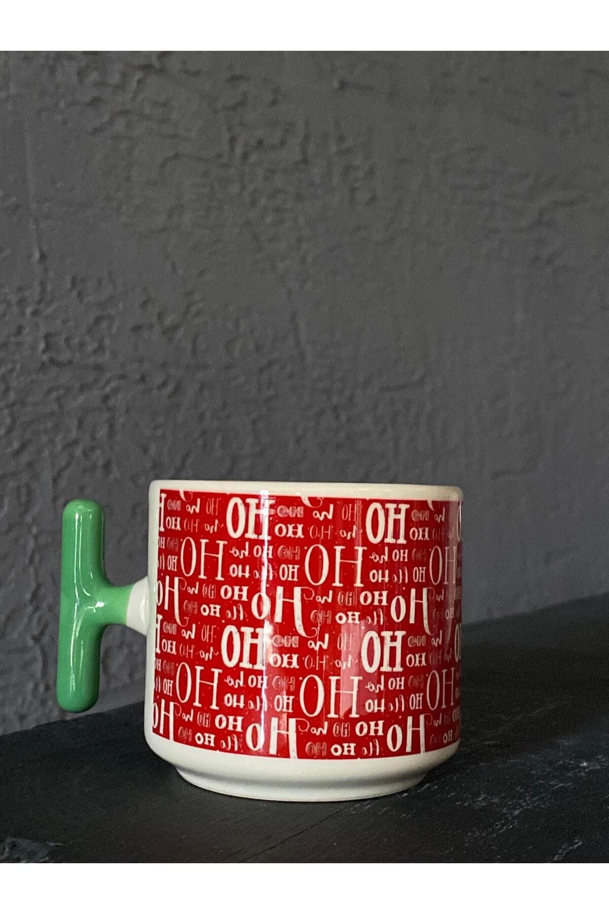 Kırmızı Ho Ho Ho Baskılı Yeşil Kulplu T Kupa - Yılbaşı Hediyesi Bardak Fincan Mug