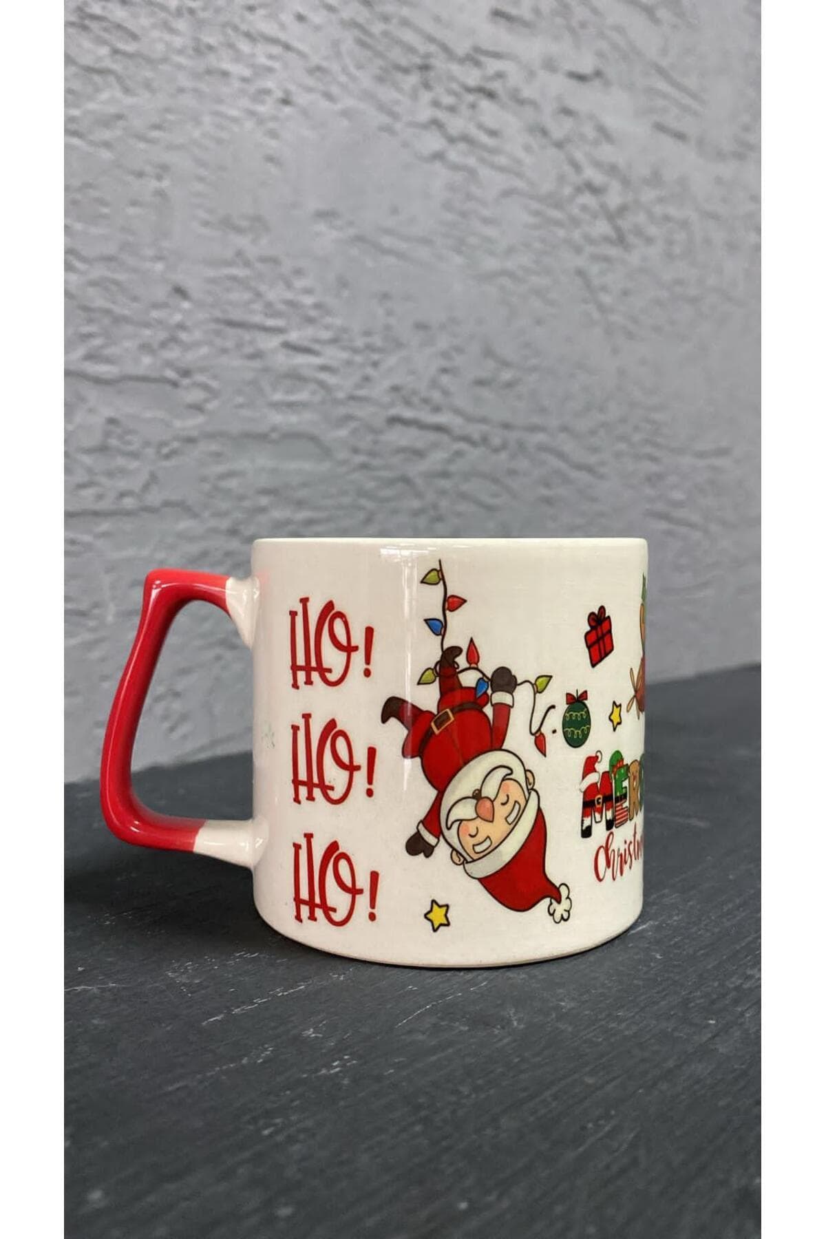 Ters Noel Baba Baskılı Kırmızı Kulplu Prime Kupa - Babaya Hediye Bardak Fincan Mug