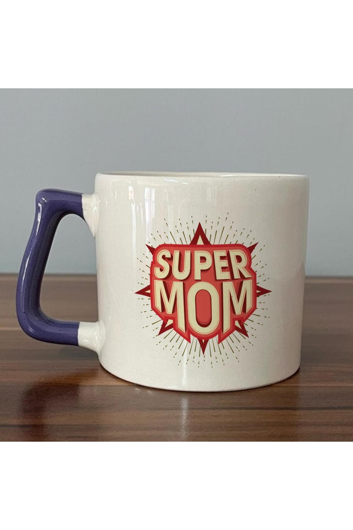 Süper Mom Baskılı Mor Kulplu Prime Kupa - Anneye Hediye Bardak Fincan Mug