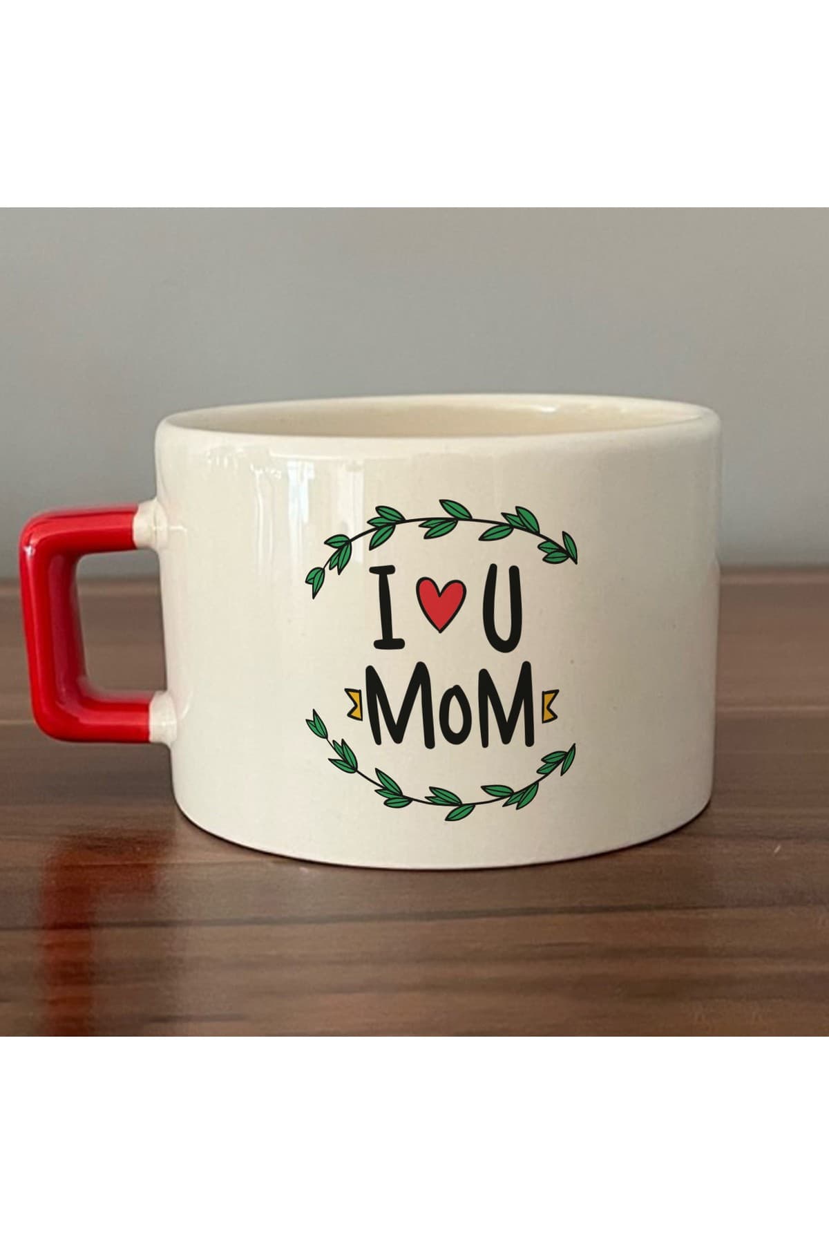 I Love You Mom Baskılı Kırmızı Kulplu Kare Kupa - Anneye Hediye Bardak Fincan Mug