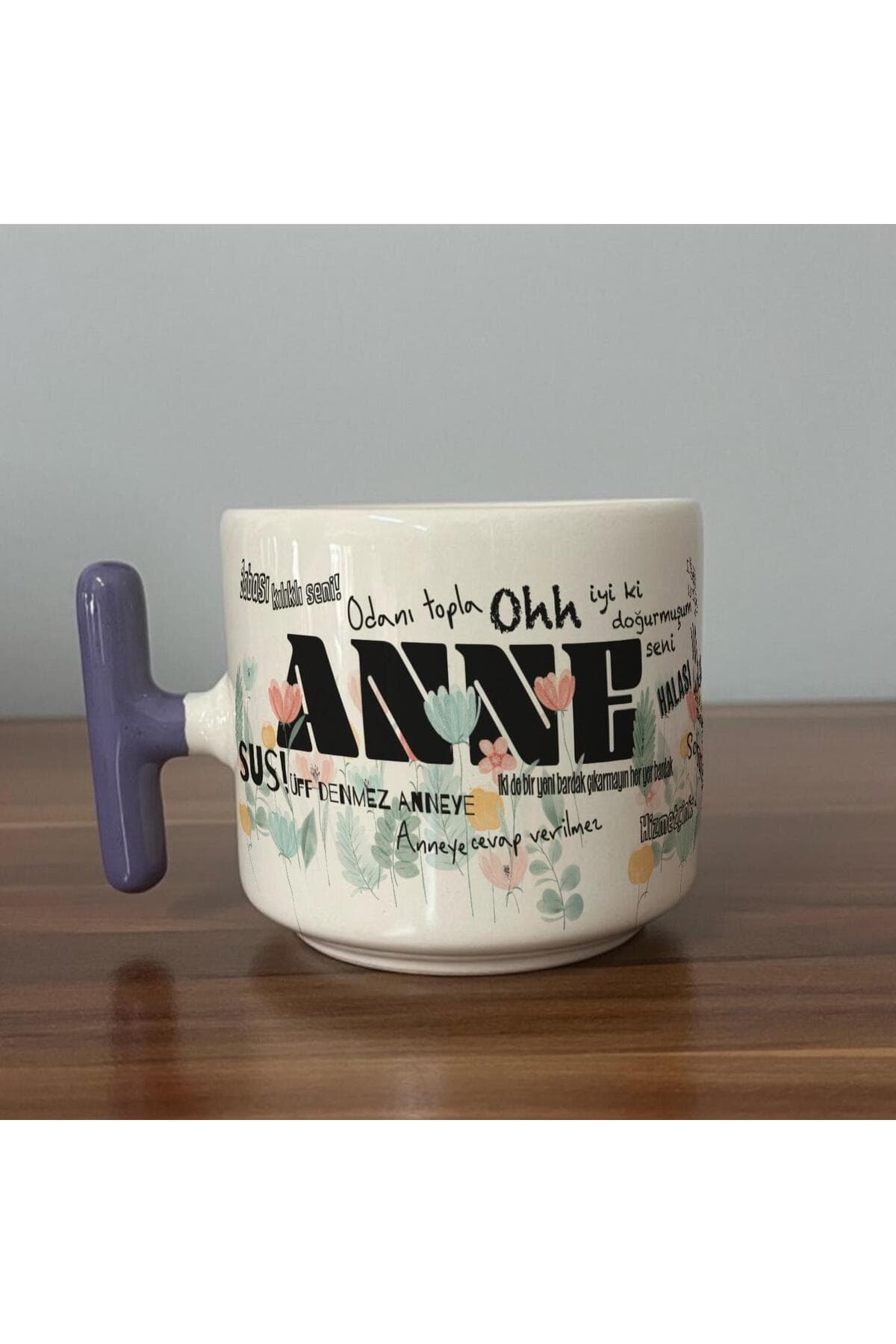 Anne Sözleri Tam Tur Baskılı Mor Kulplu T Kupa - Anneye Hediye Bardak Fincan Mug