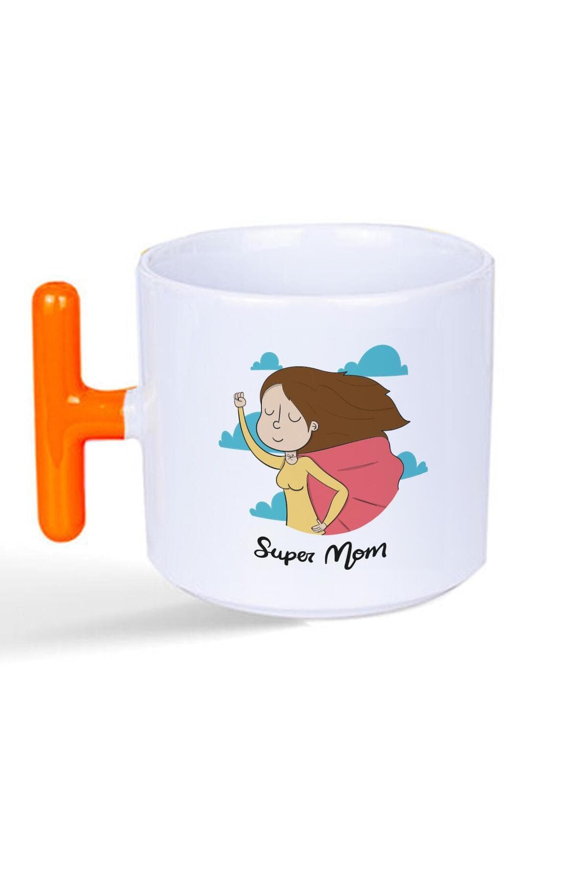 Süper Mom Pelerin Baskılı Turuncu Kulplu T Kupa - Anneye Hediye Bardak Fincan Mug