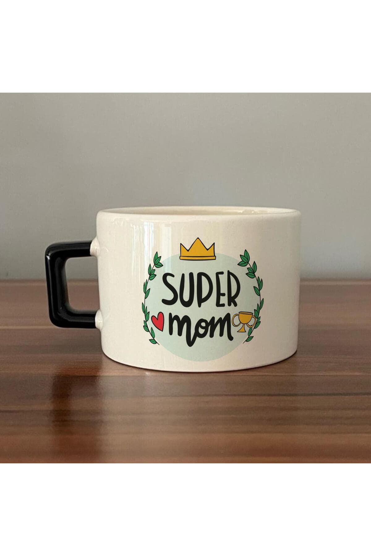 Super Mom Yazı Baskılı Siyah Kulplu Kare Kupa - Anneye Hediye Bardak Fincan Mug