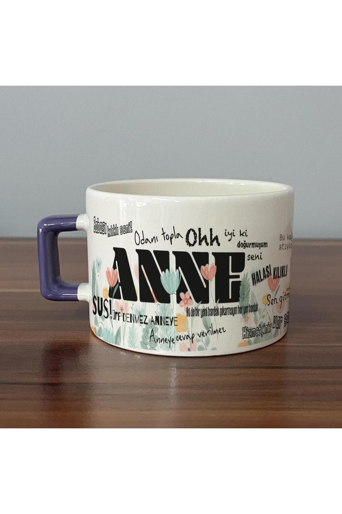 Anne Sözleri Tam Tur Baskılı Mor Kulplu Kare Kupa - Anneye Hediye Bardak Fincan Mug