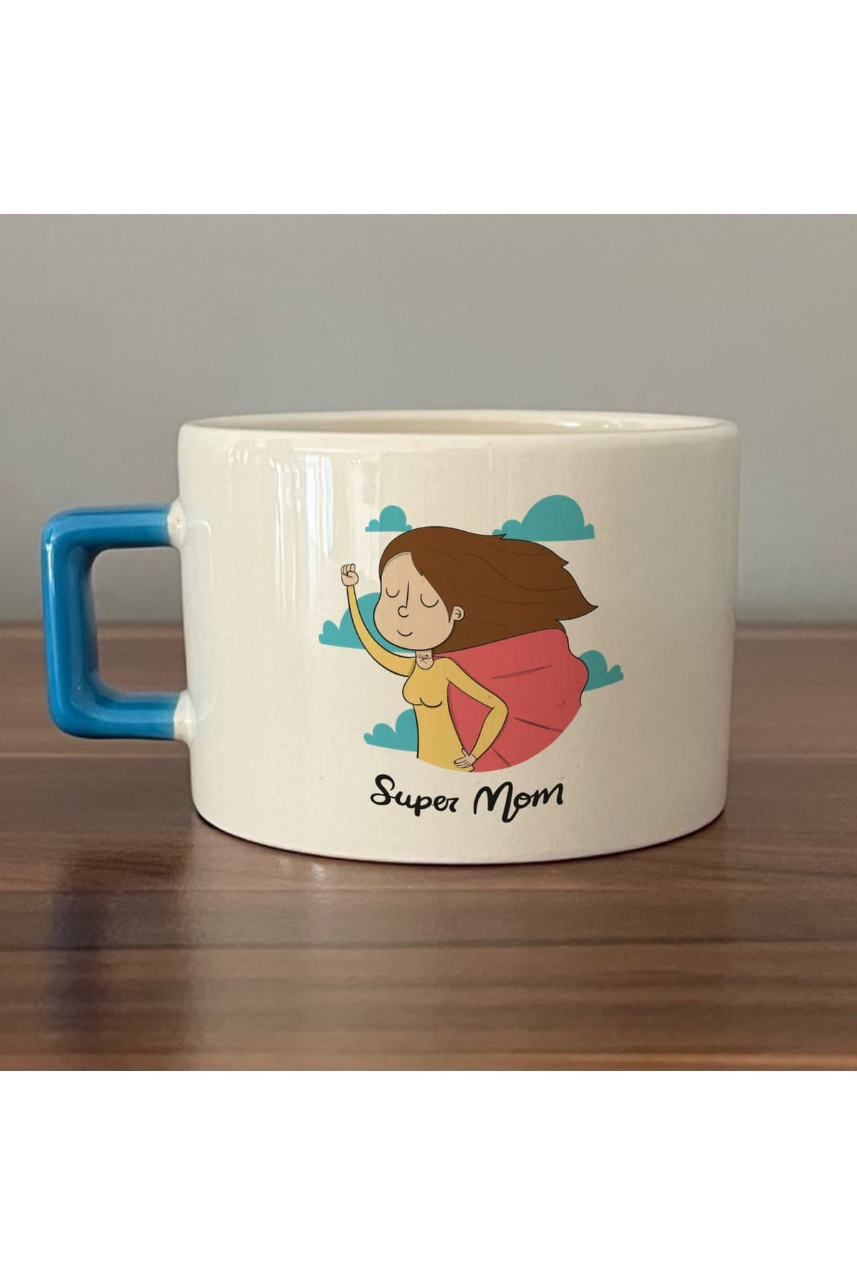Süper Mom Pelerin Baskılı Mavi Kulplu Kare Kupa - Anneye Hediye Bardak Fincan Mug