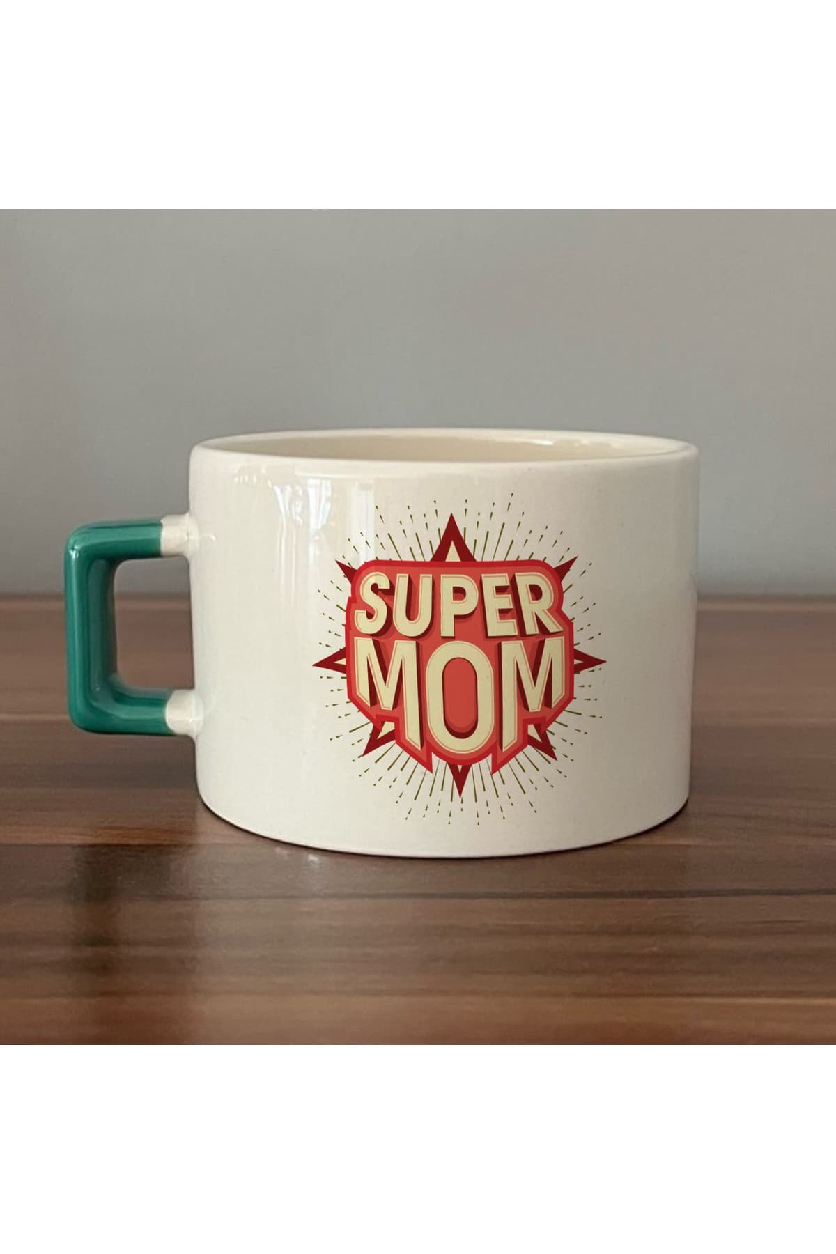 Süper Mom Baskılı Yeşil Kulplu Kare Kupa - Anneye Hediye Bardak Fincan Mug
