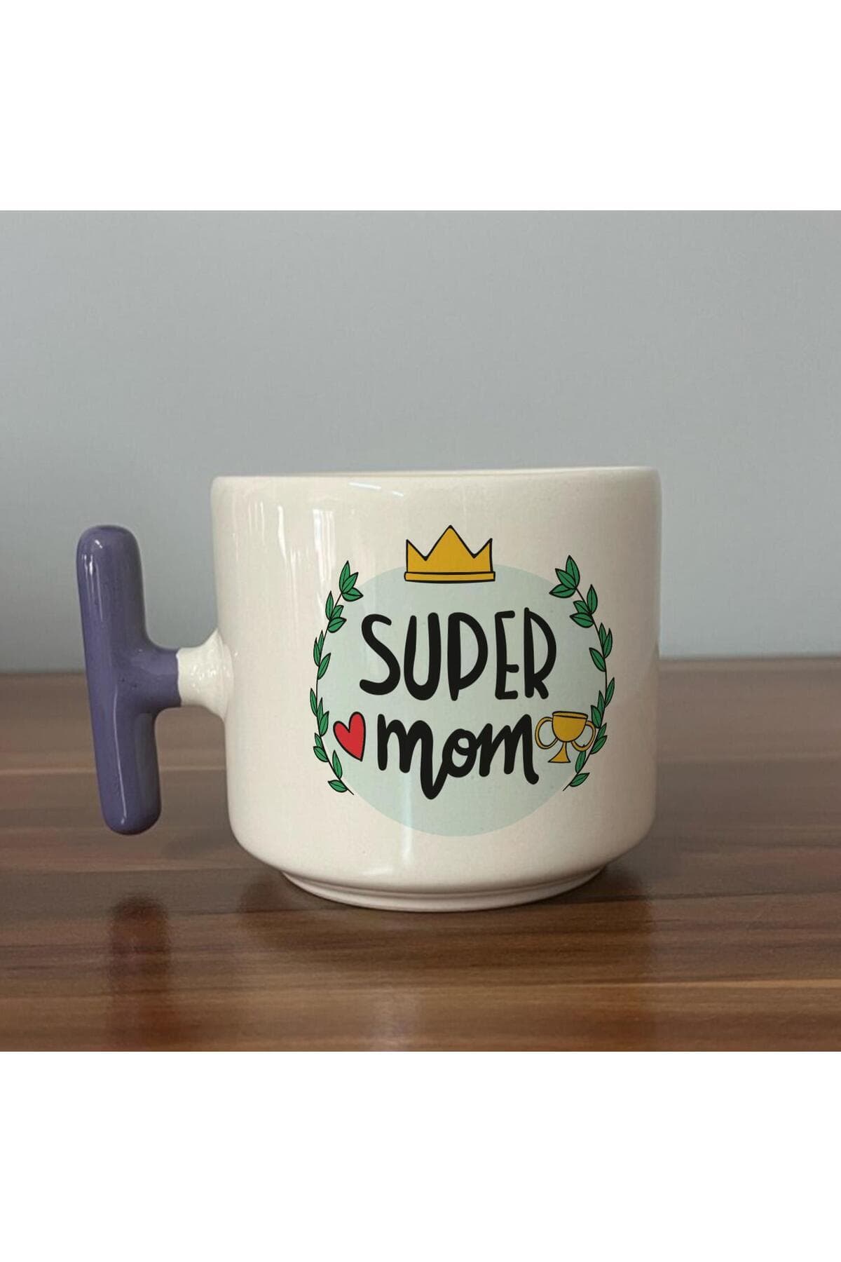 Super Mom Yazı Baskılı Mor Kulplu T Kupa - Anneye Hediye Bardak Fincan Mug