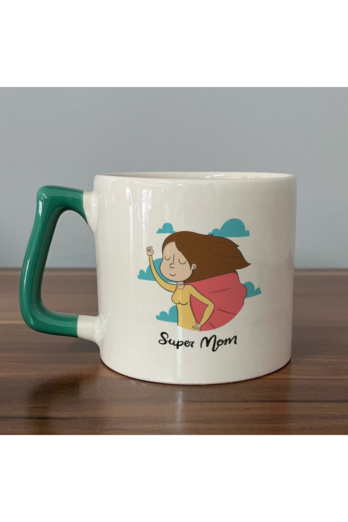 Süper Mom Pelerin Baskılı Yeşil Kulplu Prime Kupa - Anneye Hediye Bardak Fincan Mug