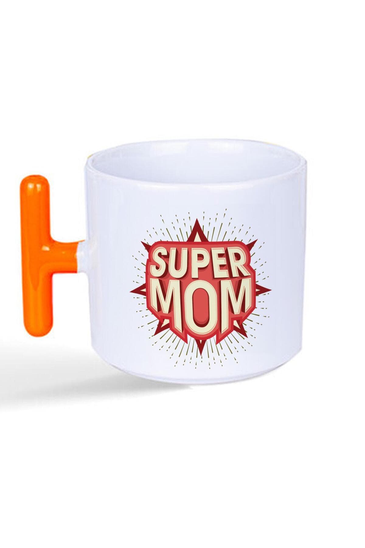 Süper Mom Baskılı Turuncu Kulplu T Kupa - Anneye Hediye Bardak Fincan Mug
