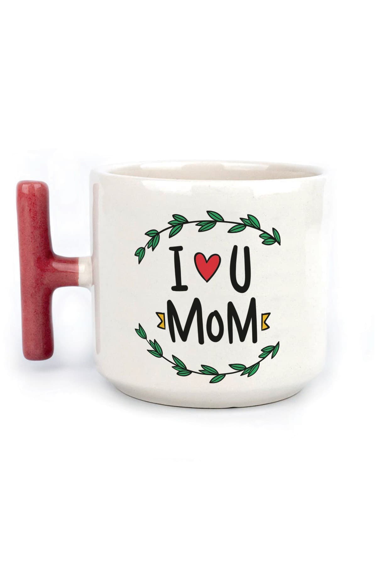 I Love You Mom Baskılı Kırmızı Kulplu T Kupa - Anneye Hediye Bardak Fincan Mug