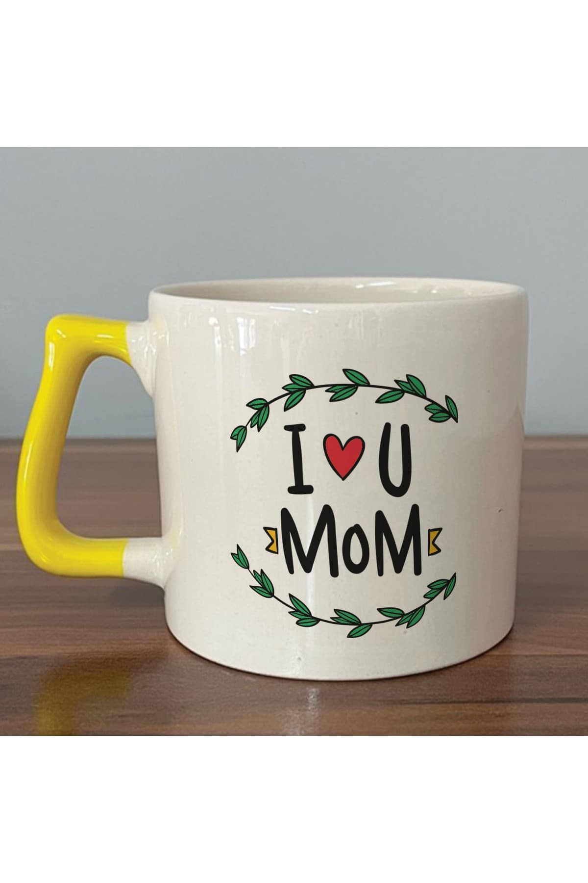 I Love You Mom Baskılı Sarı Kulplu Prime Kupa - Anneye Hediye Bardak Fincan Mug
