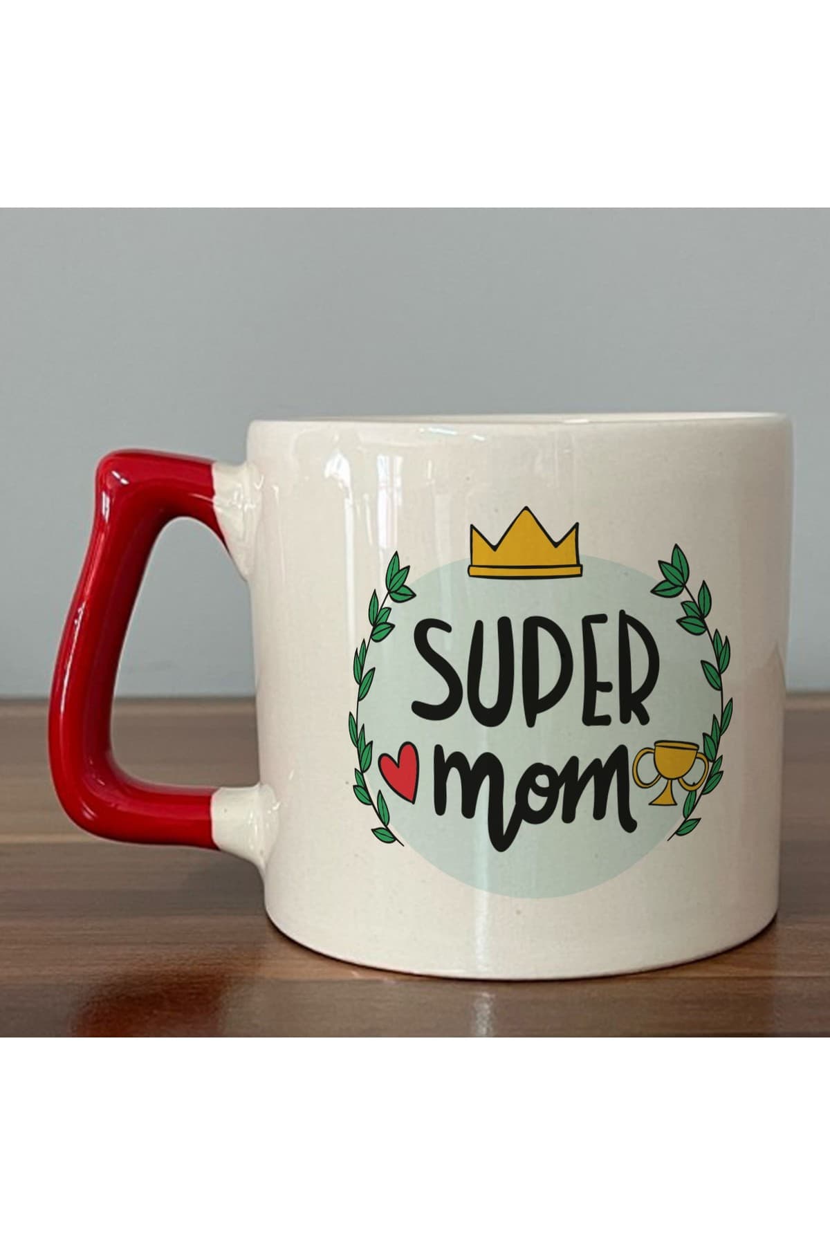 Super Mom Yazı Baskılı Kırmızı Kulplu Prime Kupa - Anneye Hediye Bardak Fincan Mug