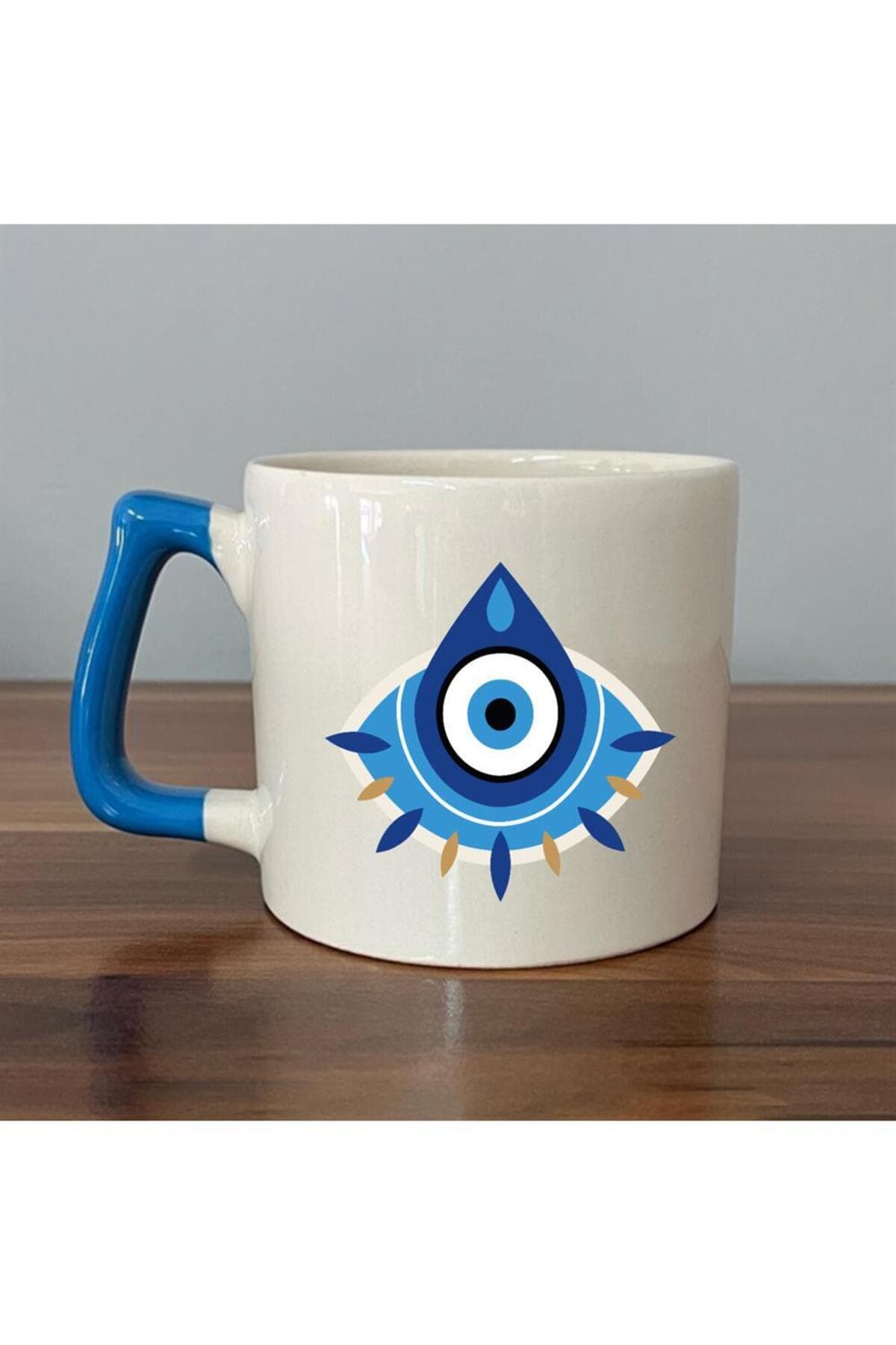 Ankh Sembol Nazar Boncuğu Sekans Sayılar 1.1.7.1 Baskılı Mavi Kulplu Prime Kupa Bardak Fincan Mug