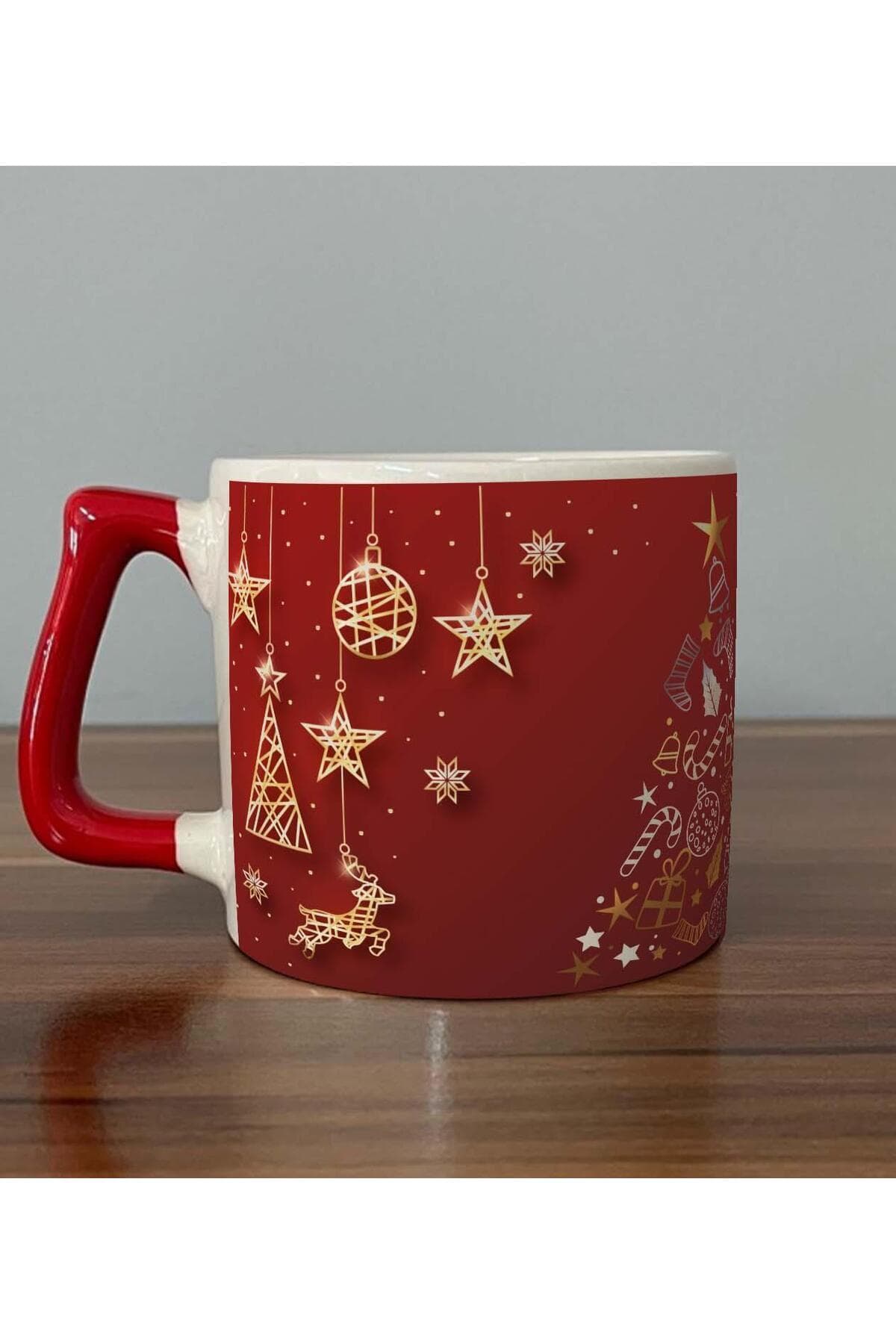 Çam Ağacı Süsleri Baskılı Kırmızı Kulplu Prime Kupa - Yılbaşı Hediyesi Bardak Fincan Mug