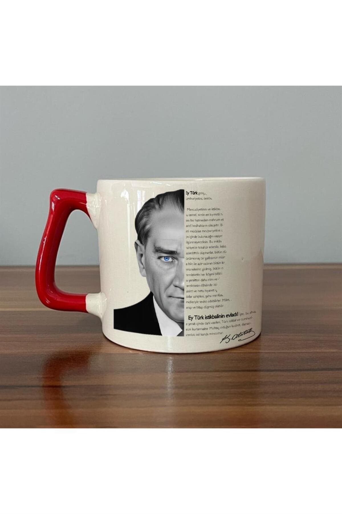 Siyah Beyaz Atatürk Baskılı Kırmızı Kulplu Prime Kupa Bardak Fincan Mug