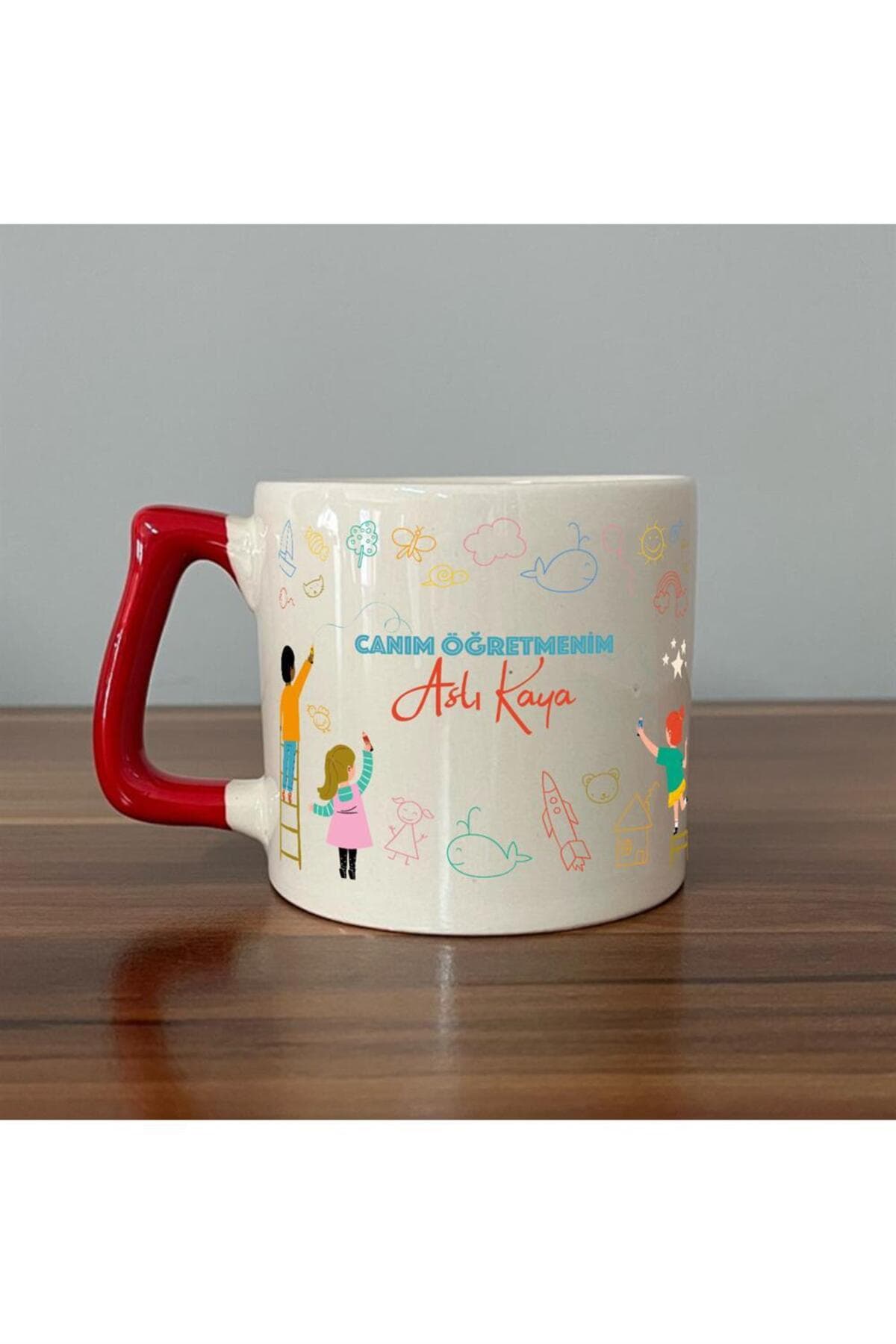 Canım Öğretmenim Çizimler Baskılı Kırmızı Kulplu Prime Kupa - Öğretmene Hediye Bardak Fincan Mug
