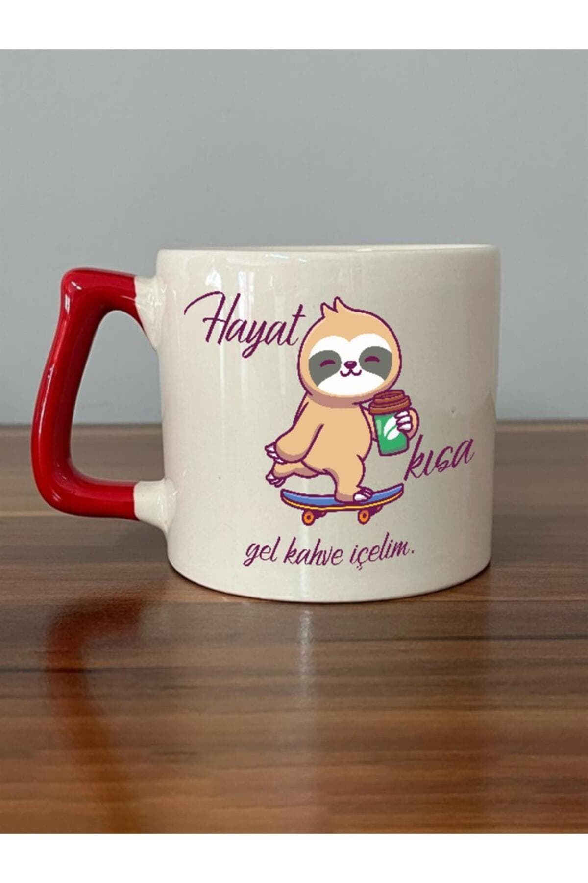 Hayat Kısa Gel Kahve İçelim Baskılı Kırmızı Kulplu Prime Kupa Bardak Fincan Mug