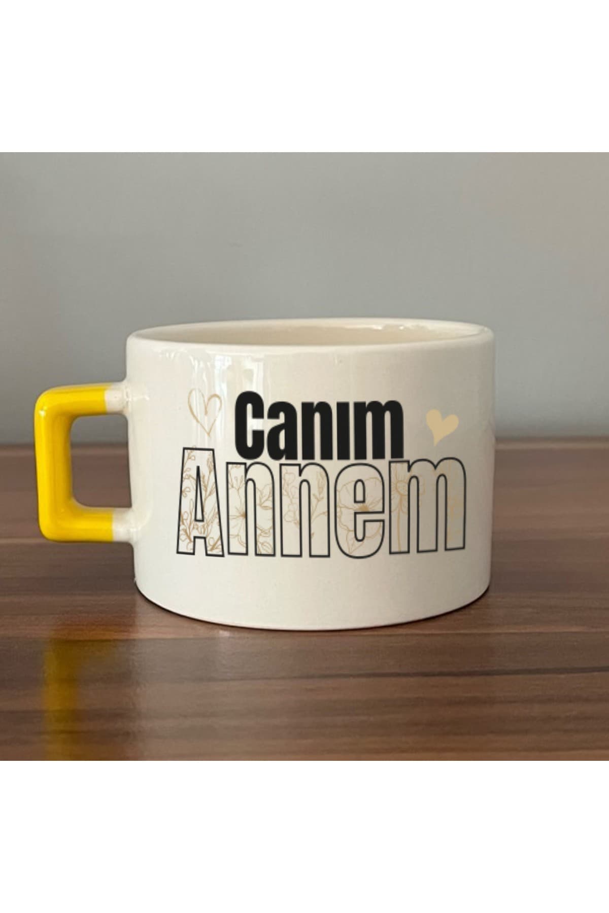 Canım Annem Baskılı Sarı Kulplu Kare Kupa - Anneye Hediye Bardak Fincan Mug