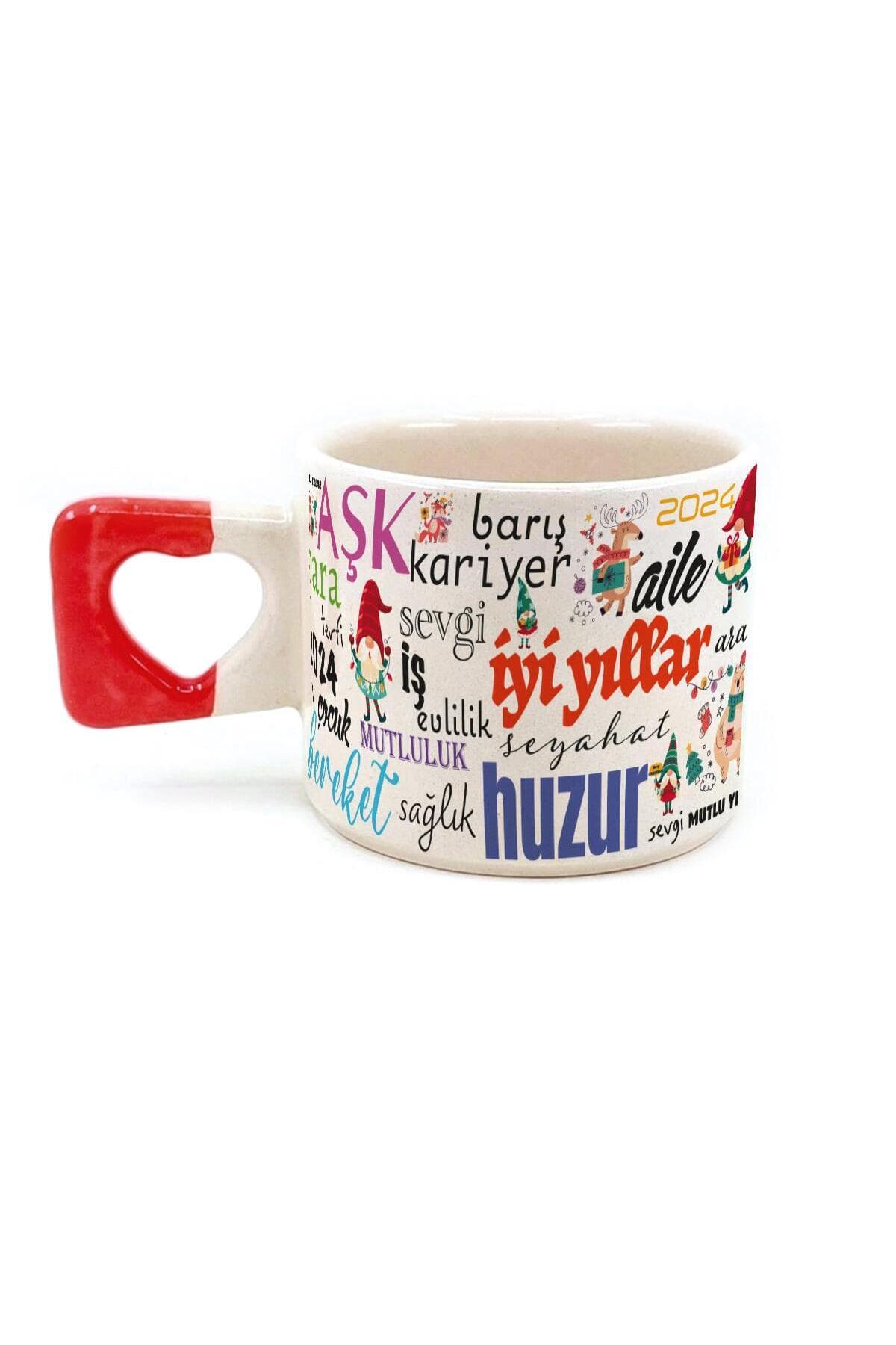 Dilekler Baskılı Kırmızı Kulplu Kalp Kupa - Yılbaşı Hediyesi Bardak Fincan Mug