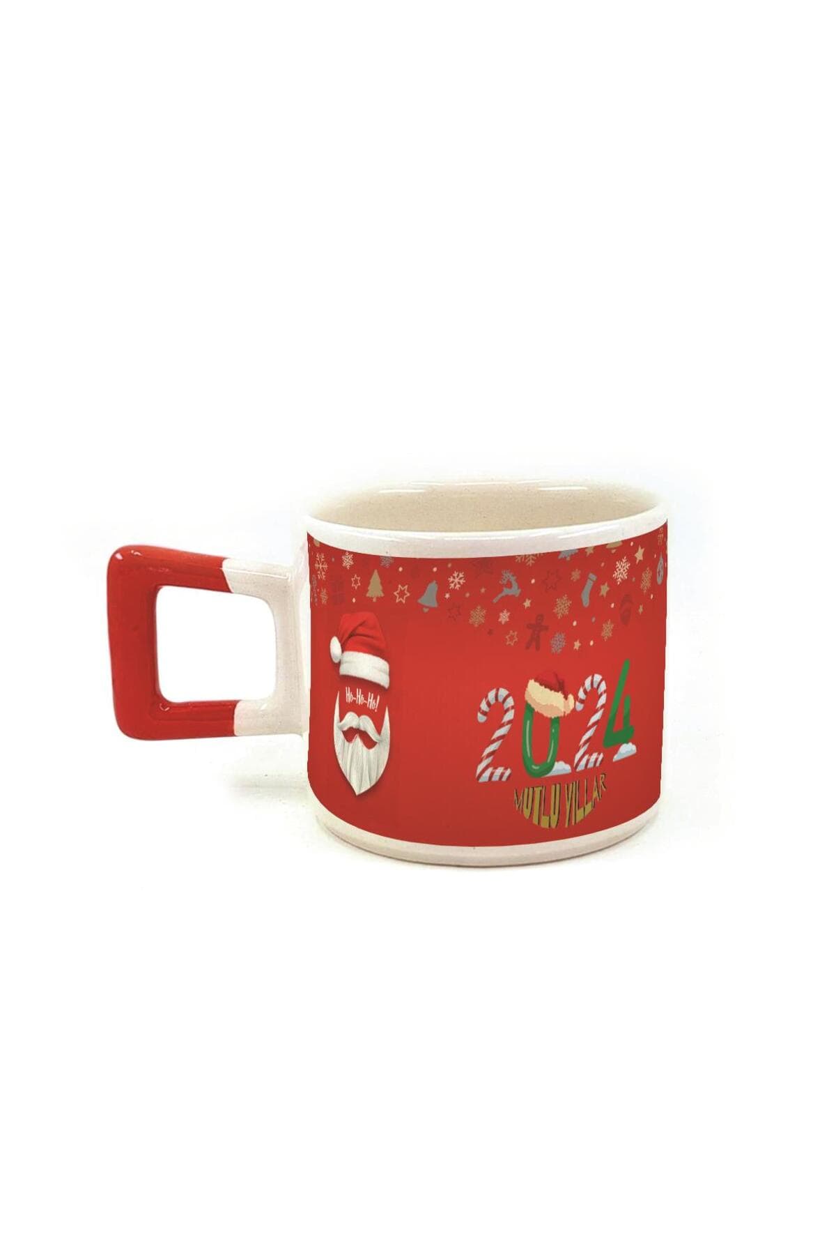 2024 Noel Baba Tam Tur Baskılı Kırmızı Kulplu Kare Kupa - Babaya Hediye Bardak Fincan Mug