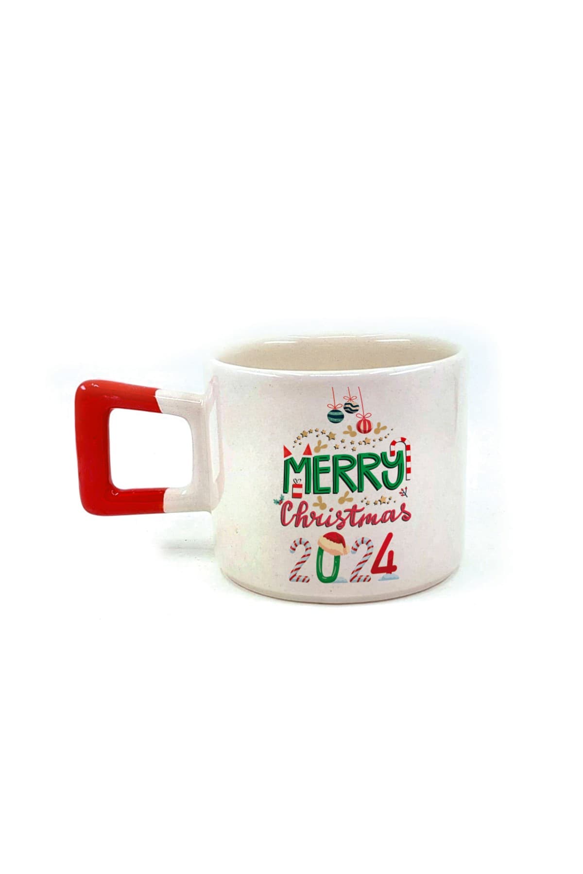 Merry Christmas 2024 Baskılı Kırmızı Kulplu Kare Kupa - Yılbaşı Hediyesi Bardak Fincan Mug