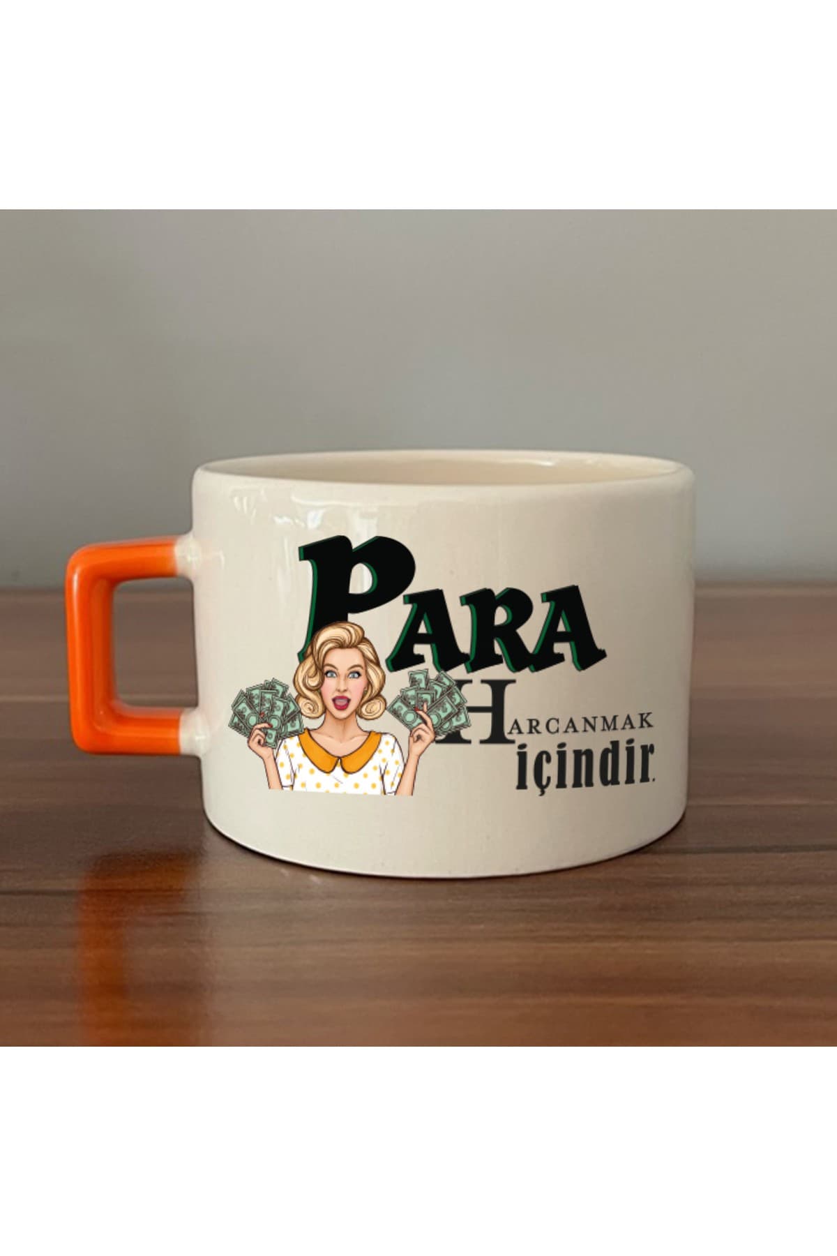 Para Harcamak Içindir Baskılı Turuncu Kulplu Kare Kupa Bardak Fincan Mug