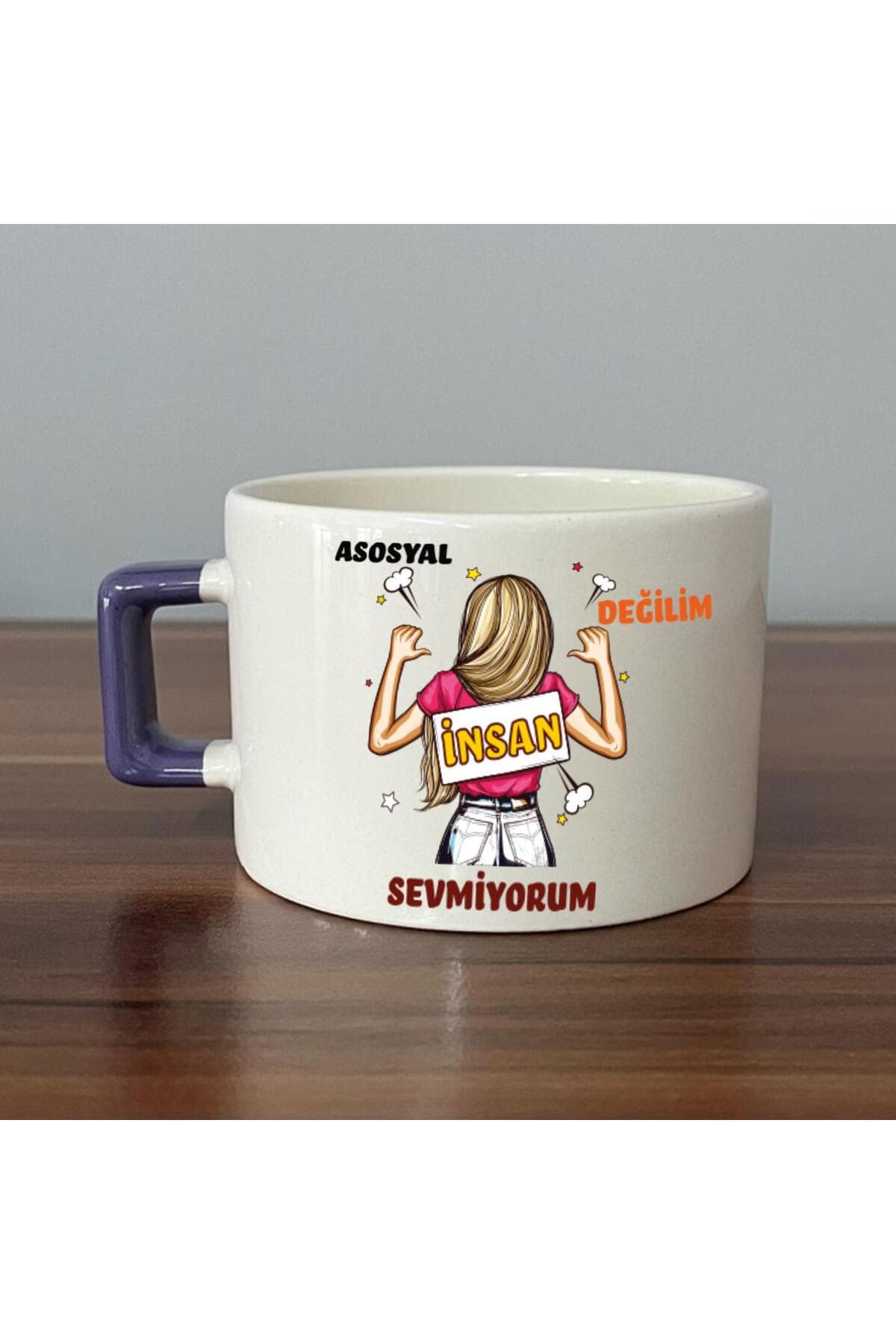 Asosyal Değilim İnsan Sevmiyorum Baskılı Kulplu Kare Kupa Bardak Fincan Mug