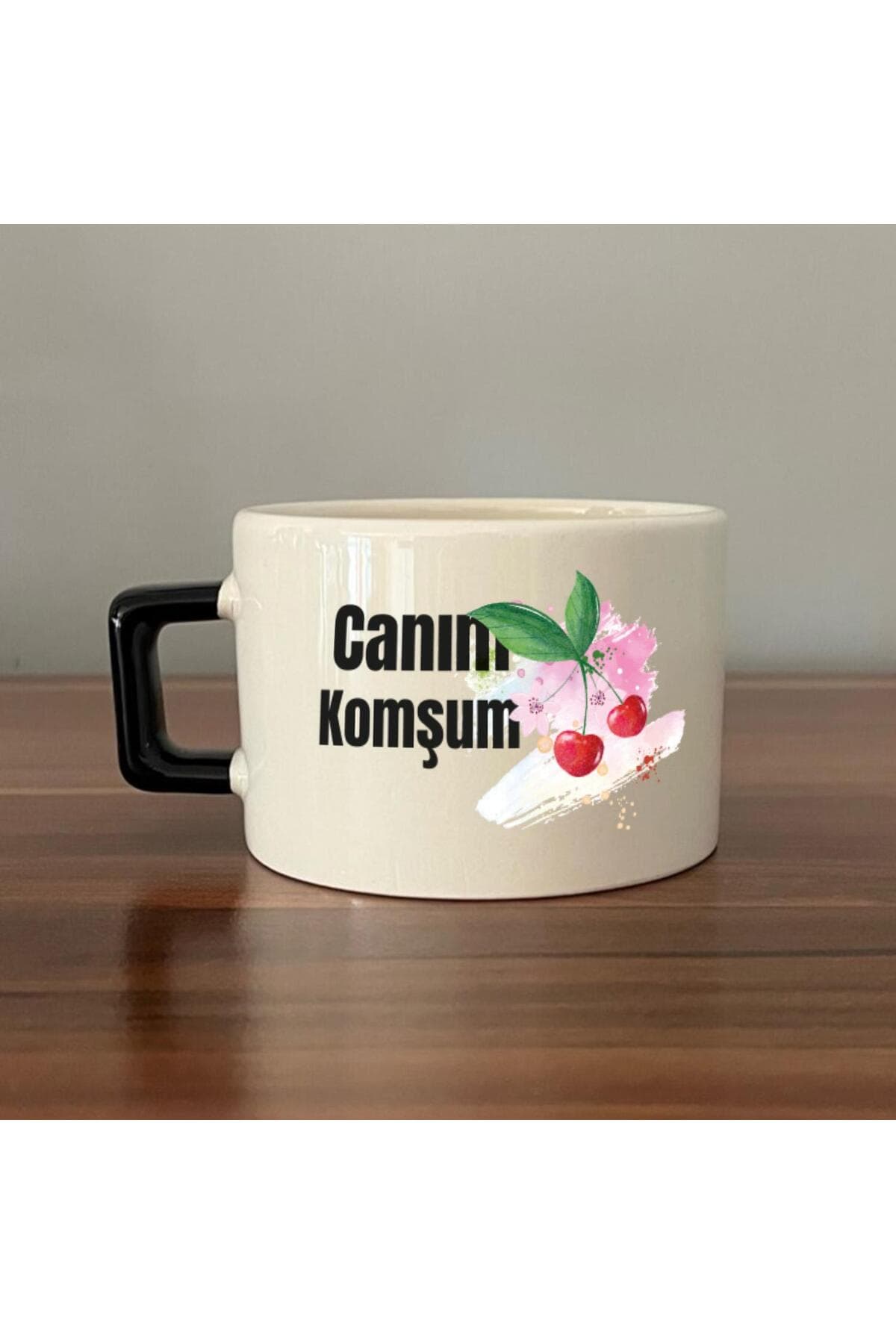 Canım Komşum Baskılı Siyah Kulplu Kare Kupa Bardak Fincan Mug