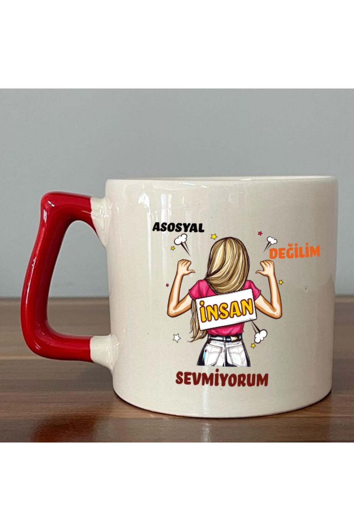 Asosyal Değilim İnsan Sevmiyorum Baskılı Kırmızı Kulplu Prime Kupa Bardak Fincan Mug