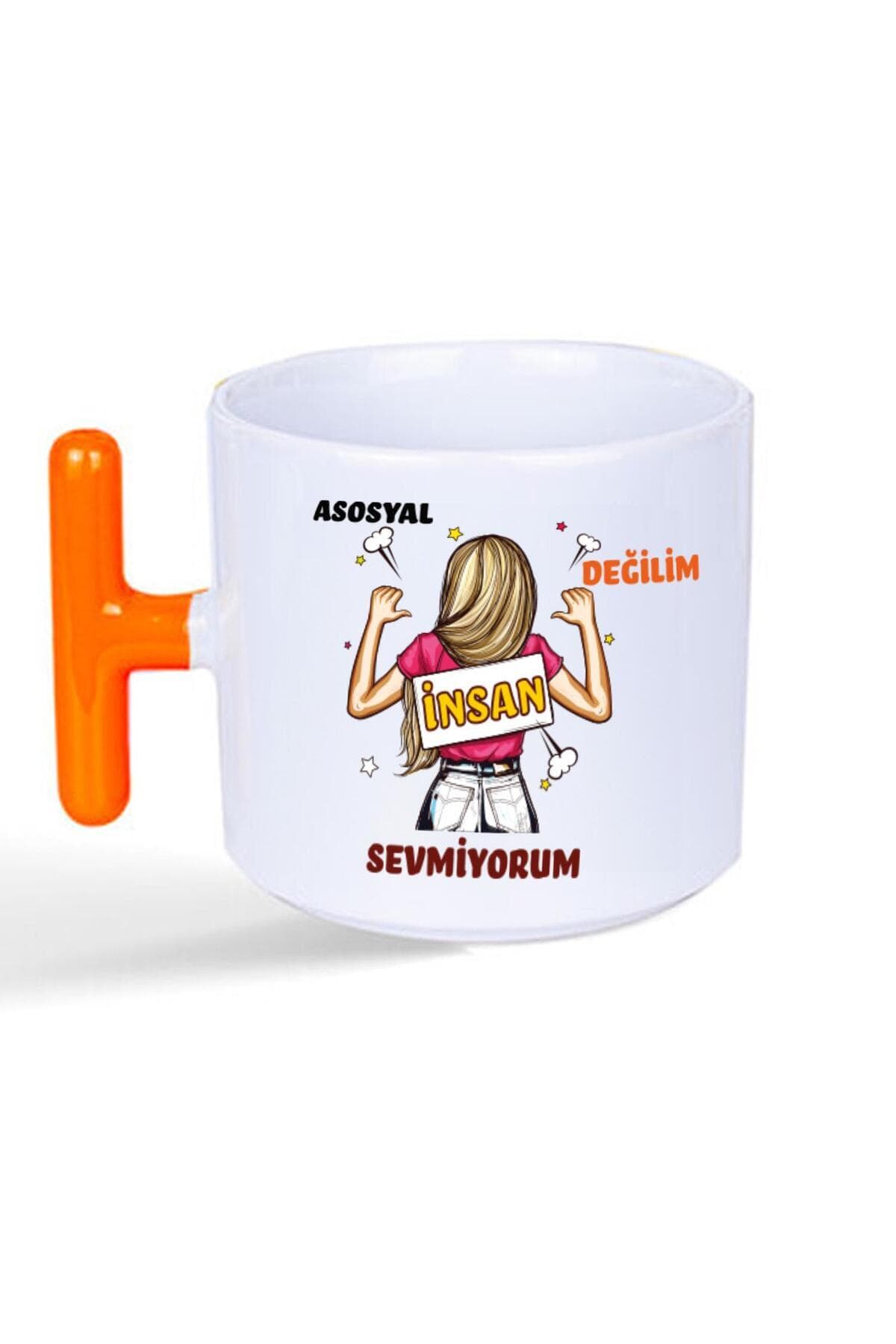 Asosyal Değilim İnsan Sevmiyorum Baskılı Turuncu Kulplu T Kupa Bardak Fincan Mug
