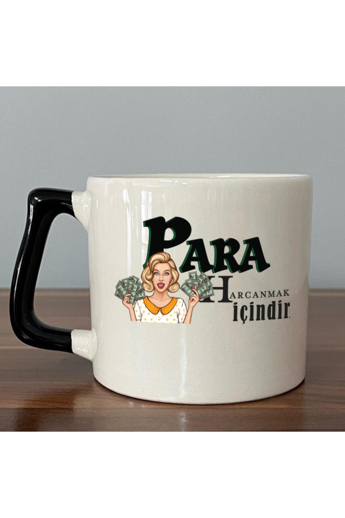 Para Harcamak İçindir Baskılı Siyah Kulplu Prime Kupa Bardak Fincan Mug