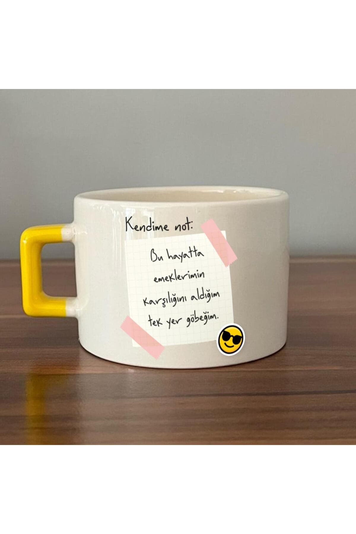 Kendime Not: Bu Hayatta Emeklerimin Karşılığını Baskılı Sarı Kulplu Kare Kupa Bardak Fincan Mug
