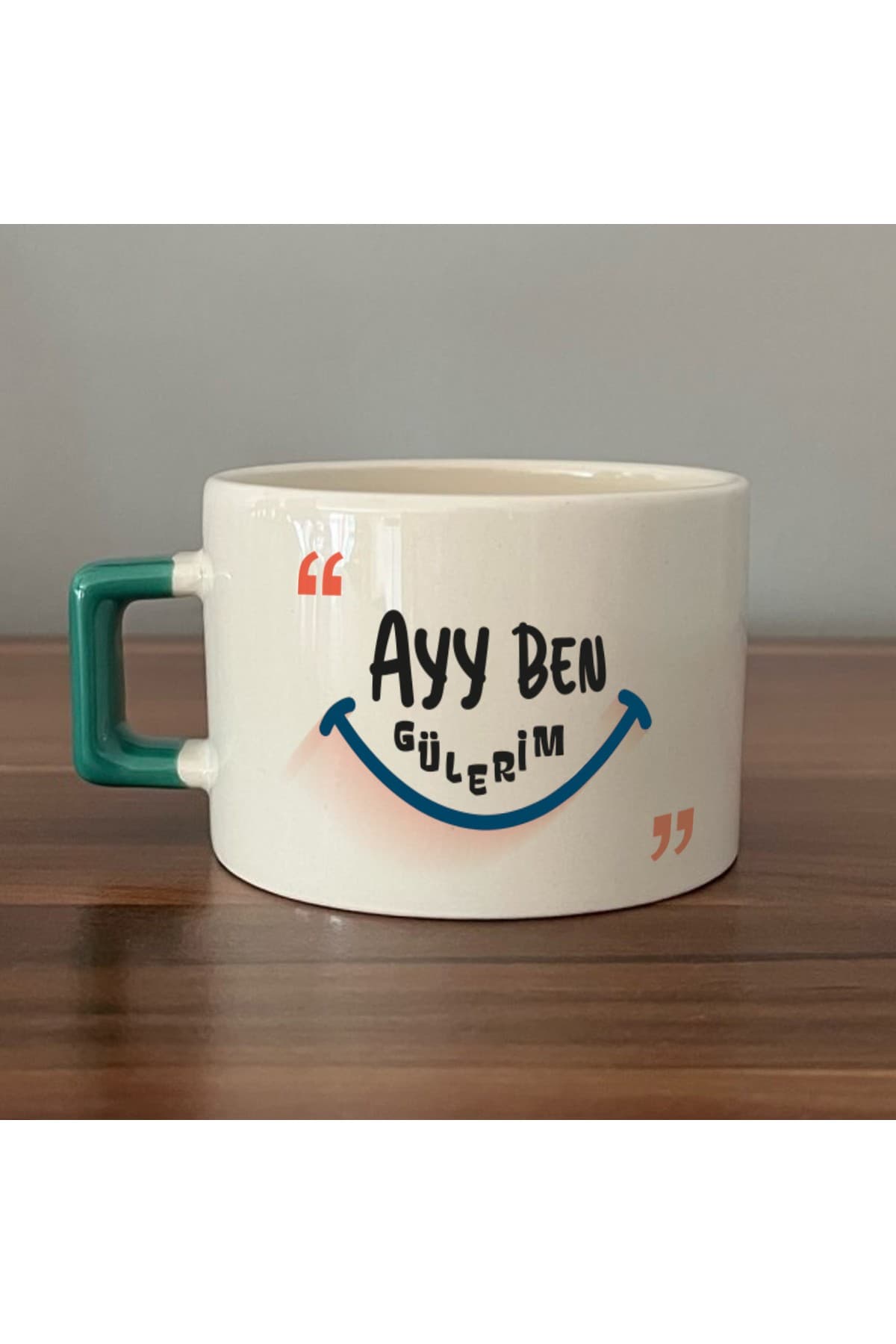 Ayy Ben Gülerim Baskılı Yeşil Kulplu Kare Kupa Bardak Fincan Mug