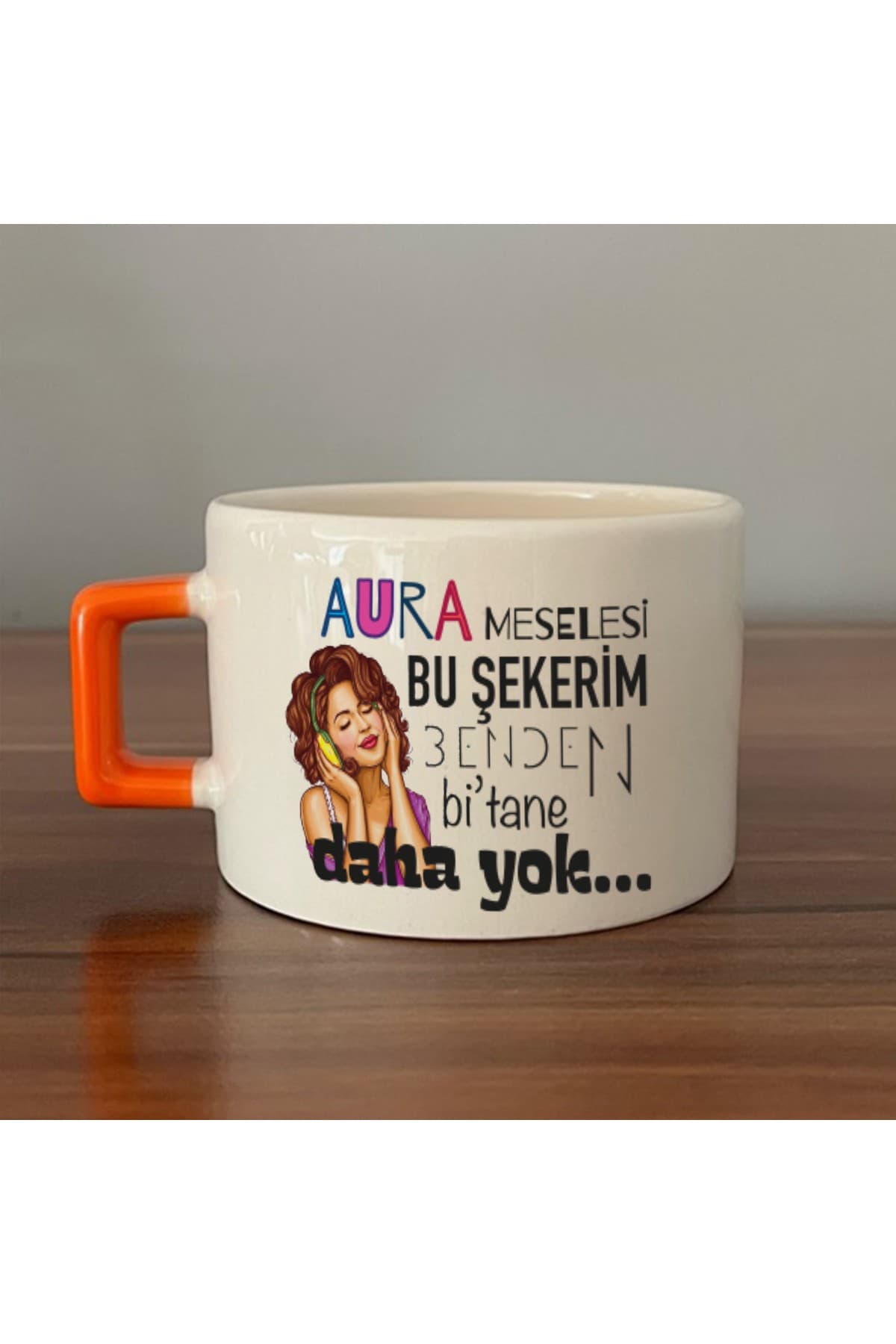Aura Meselesi Bu Şekerim Baskılı Turuncu Kulplu Kare Kupa Bardak Fincan Mug