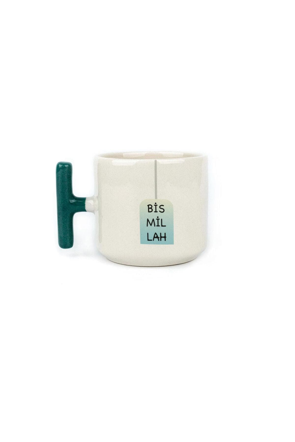Bismillah Mavi Siyah Baskılı Yeşil Kulplu T Kupa Bardak Fincan Mug