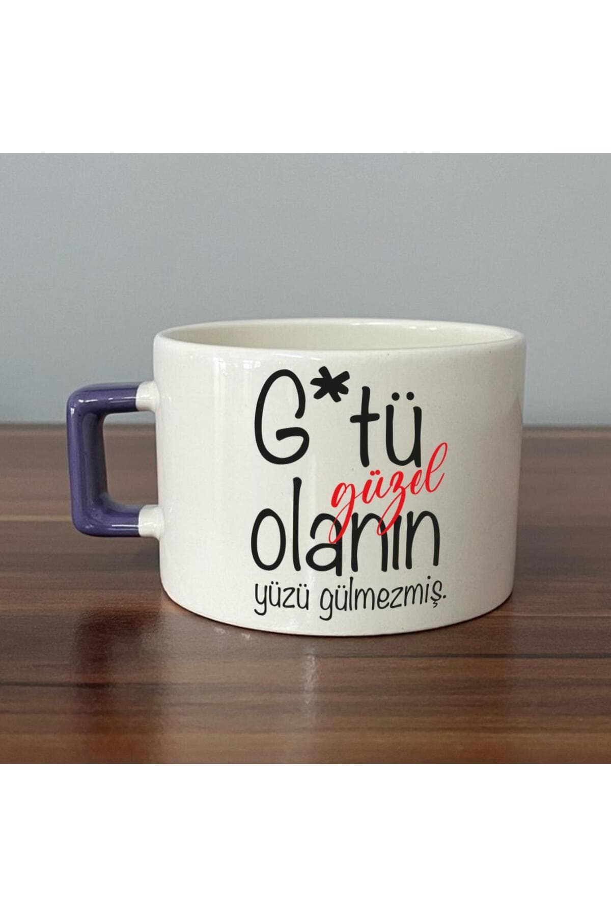 G*tü Güzel Olanın Yüzü Baskılı Mor Kulplu Kare Kupa - Komik Hediye Bardak Fincan Model 00267