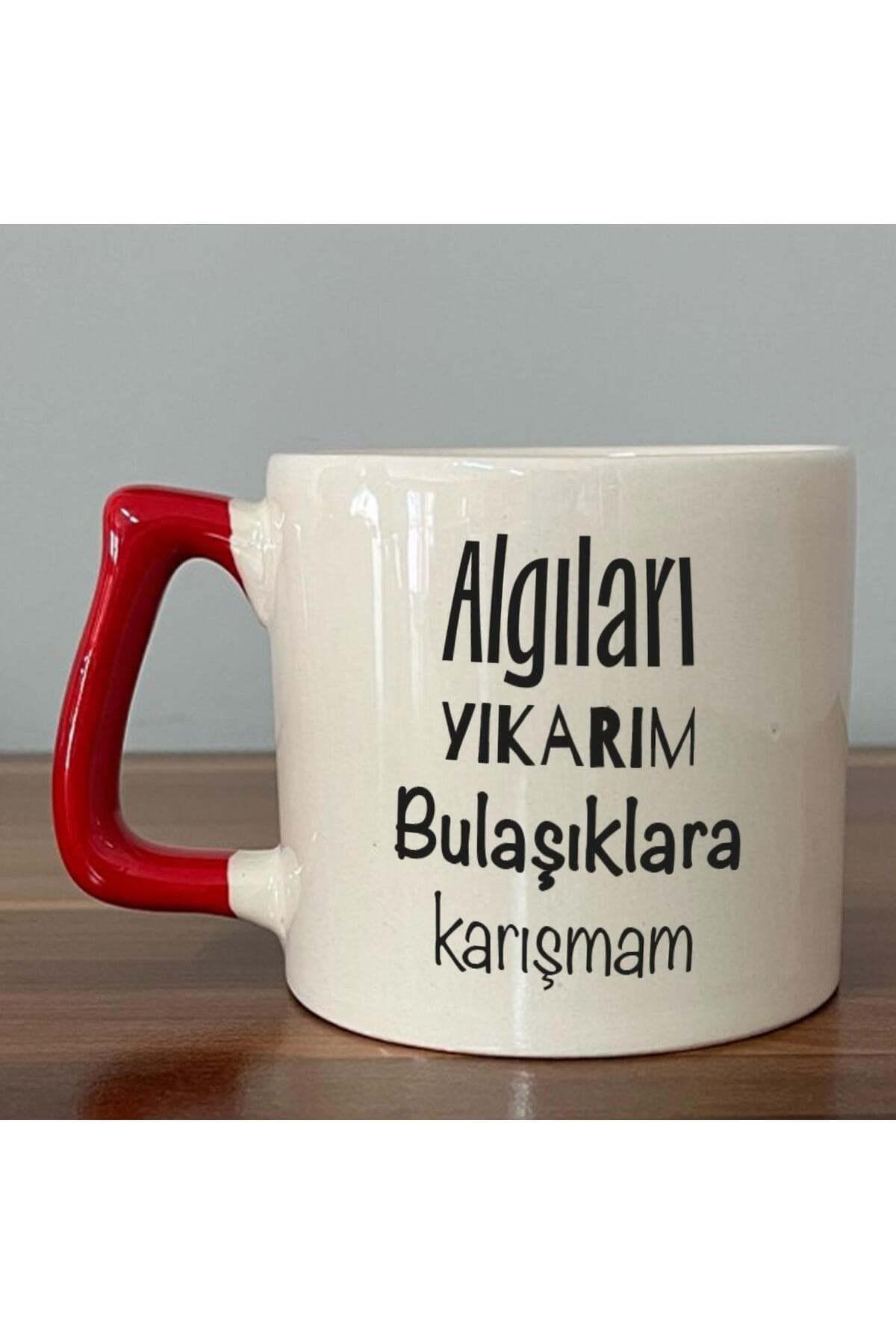Algıları Yıkarım Bulaşıklara Karışmam Baskılı Kırmızı Kulplu Prime Kupa Bardak Fincan Mug