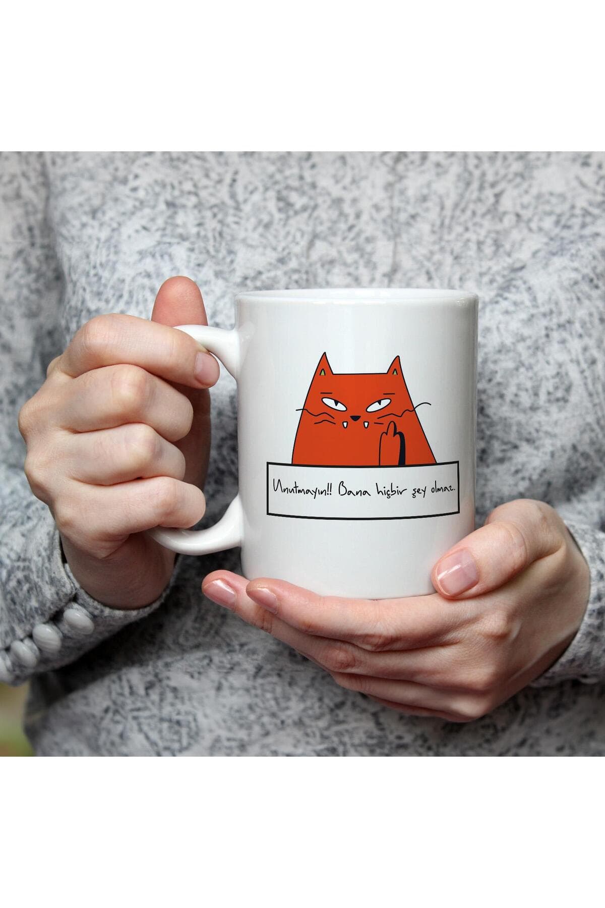 Unutmayın!! Bana Hiçbir Şey Olmaz Kırmızı Kedi Baskılı Beyaz Kupa Bardak Fincan Mug