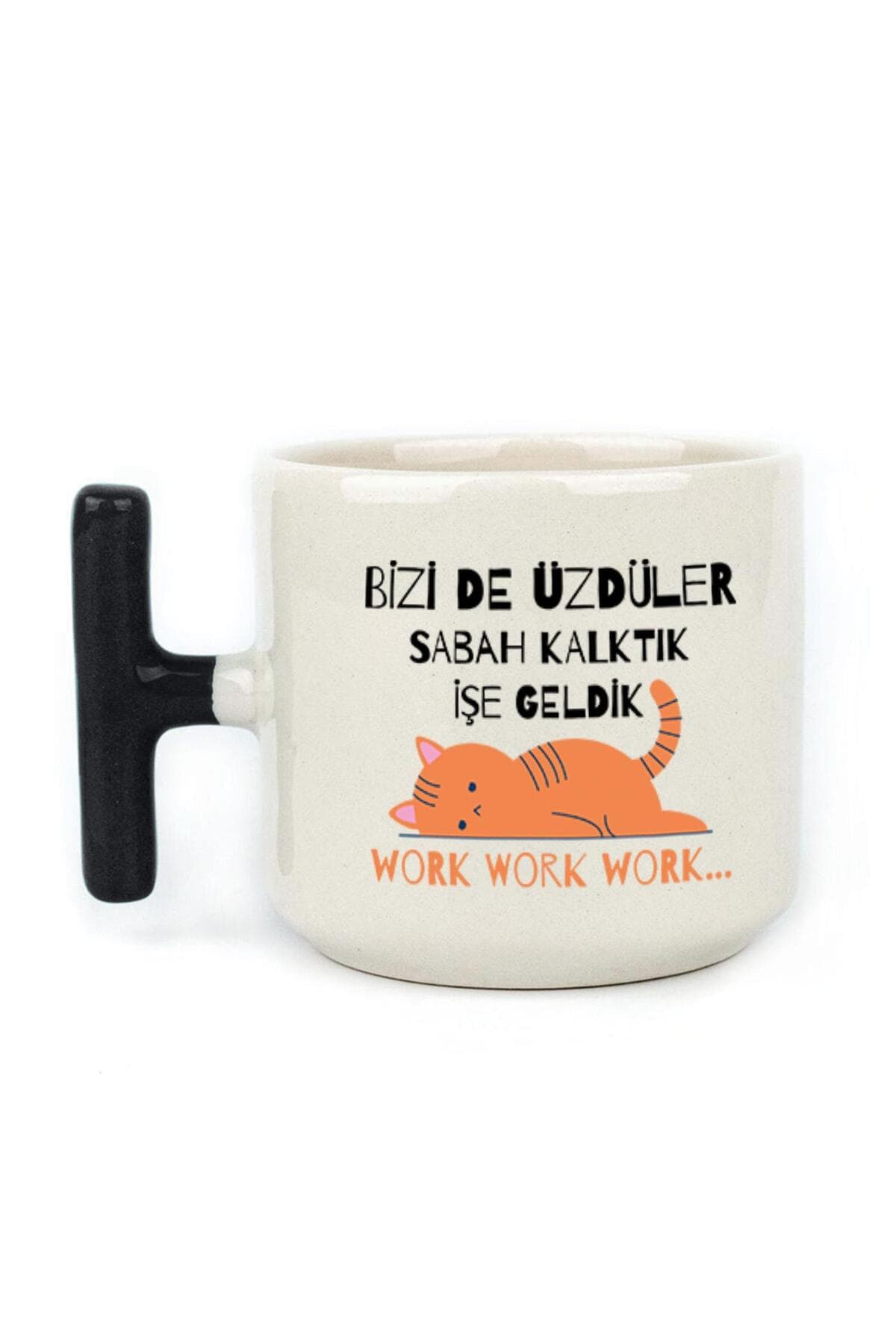 Bizi De Üzdüler Turuncu Kedi Baskılı Siyah Kulplu T Kupa Bardak Fincan Mug