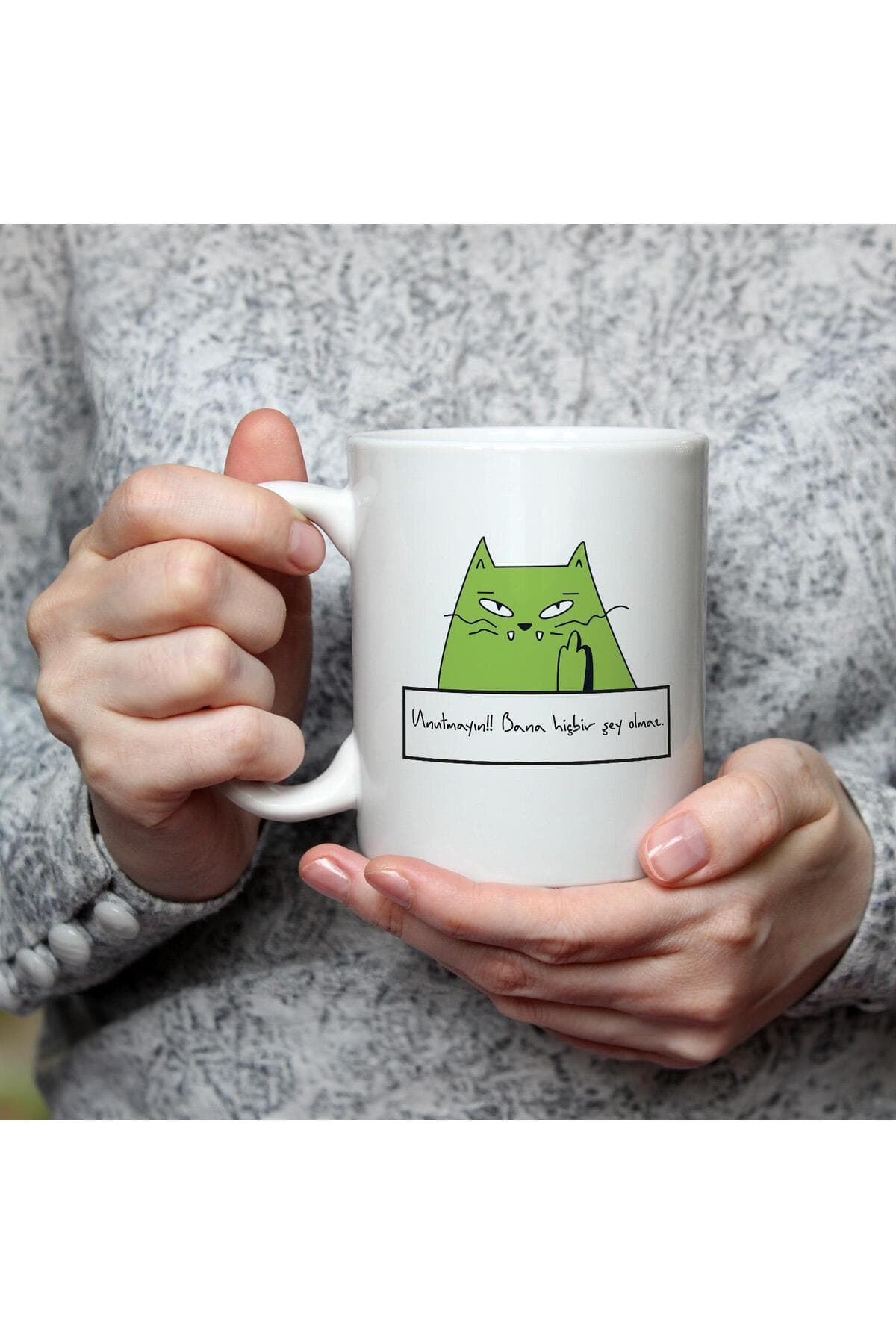 Unutmayın!! Bana Hiçbir Şey Olmaz Yeşil Kedi Baskılı Beyaz Kupa Bardak Fincan Mug