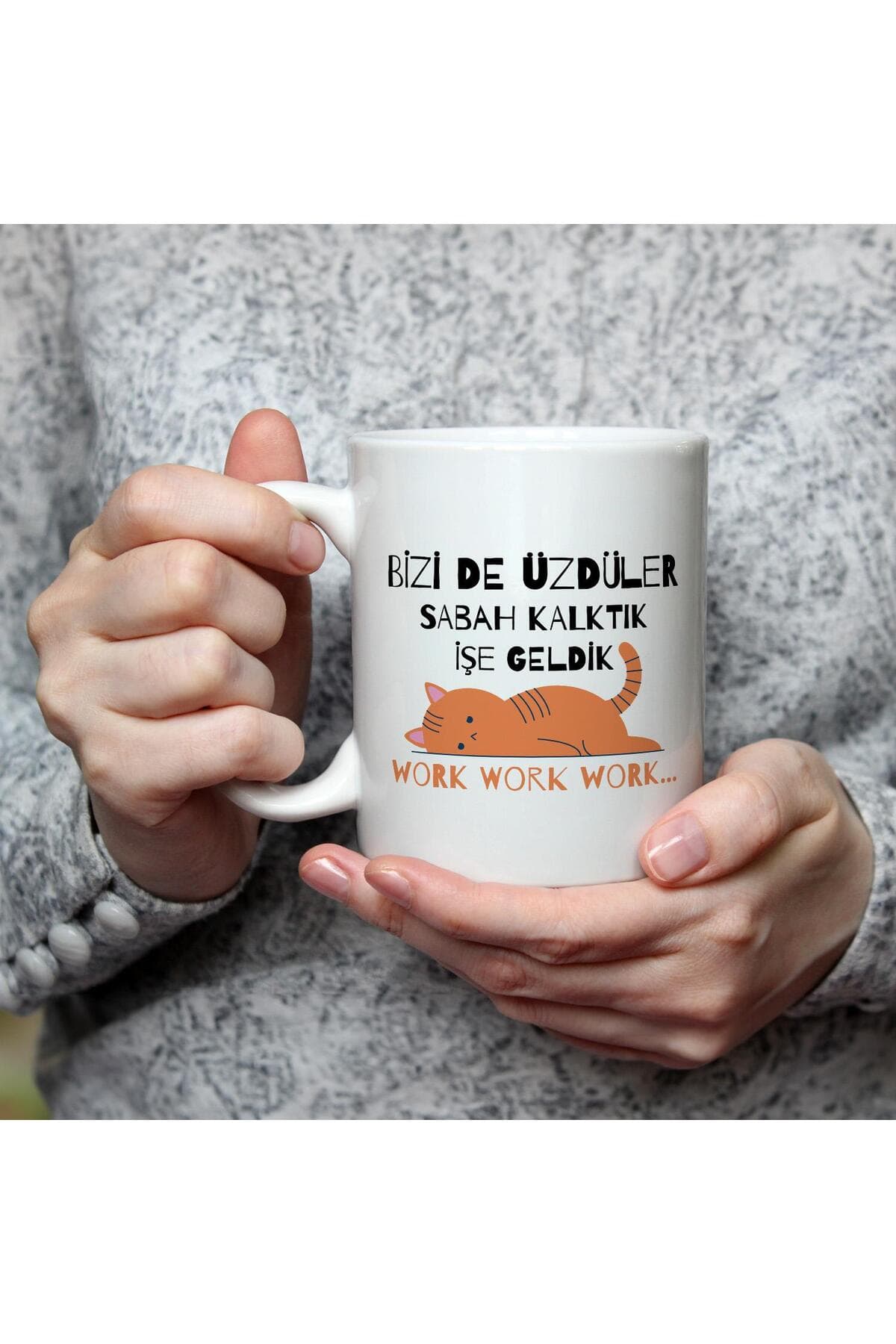 Bizi De Üzdüler Turuncu Kedi Baskılı Beyaz Kupa Bardak Fincan Mug