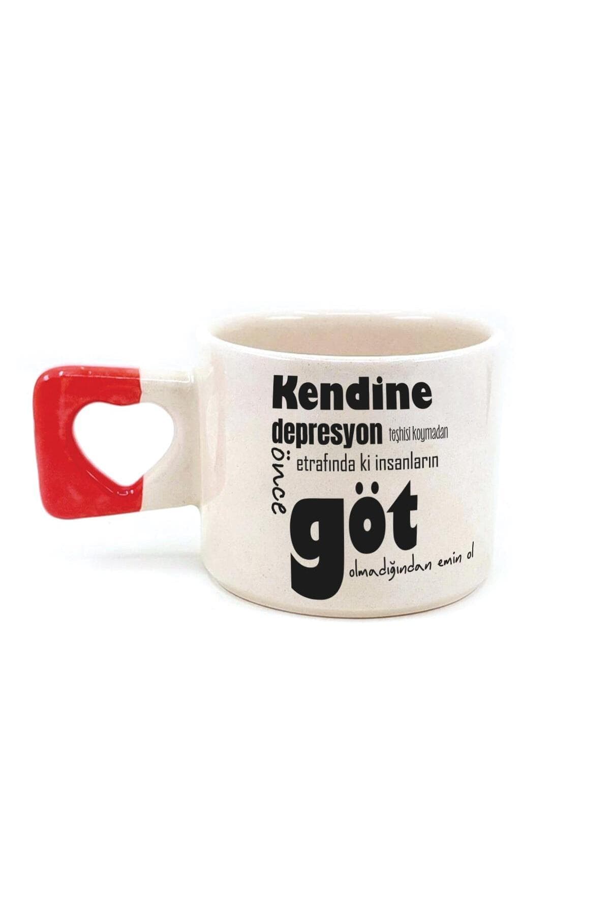 Kendine Depresyon Teşhisi Koymadan Önce Baskılı Kırmızı Kulplu Kalp Kupa Bardak Fincan Mug