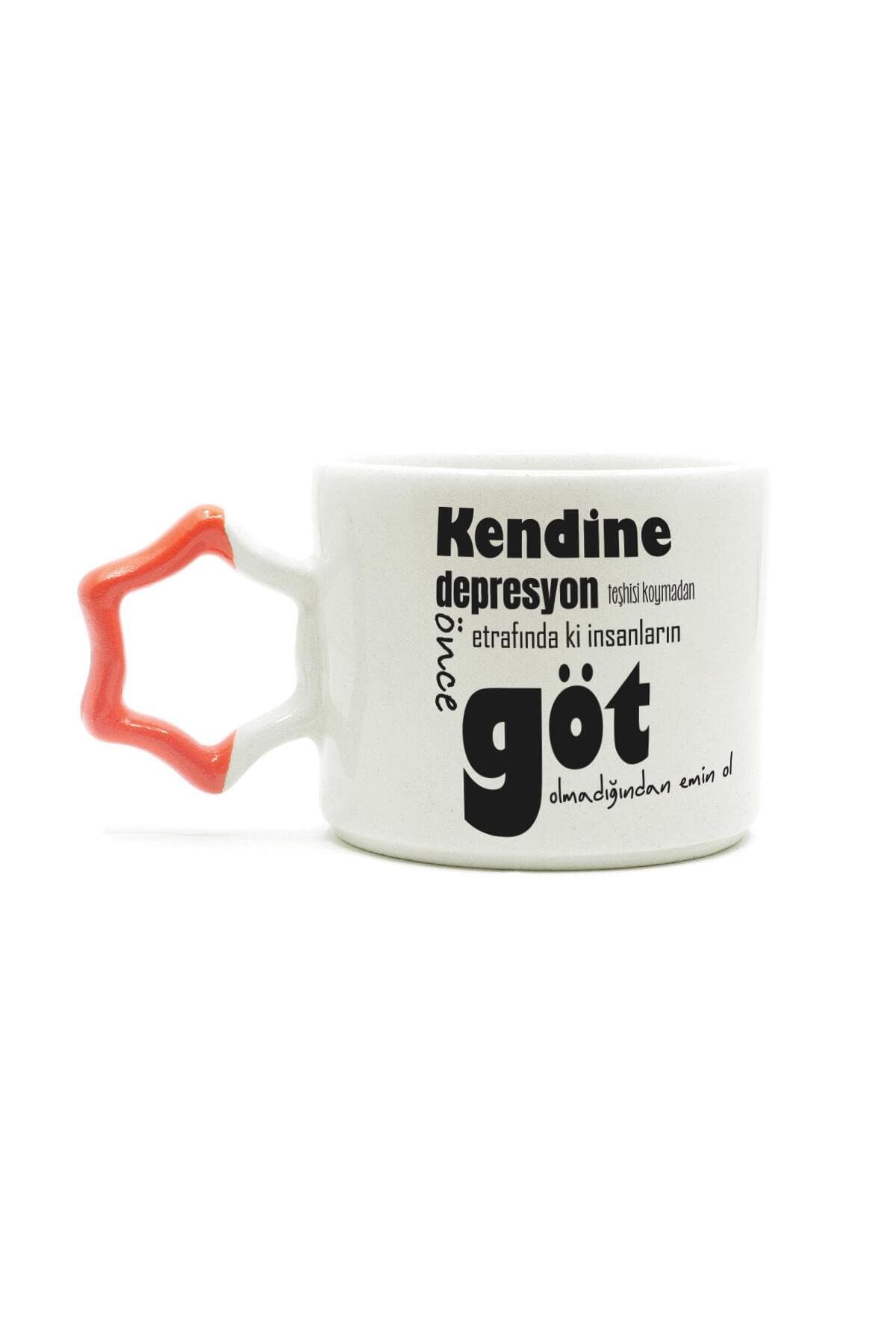 Kendine Depresyon Teşhisi Koymadan Önce Baskılı Turuncu Kulplu Yıldız Kupa Bardak Fincan Mug