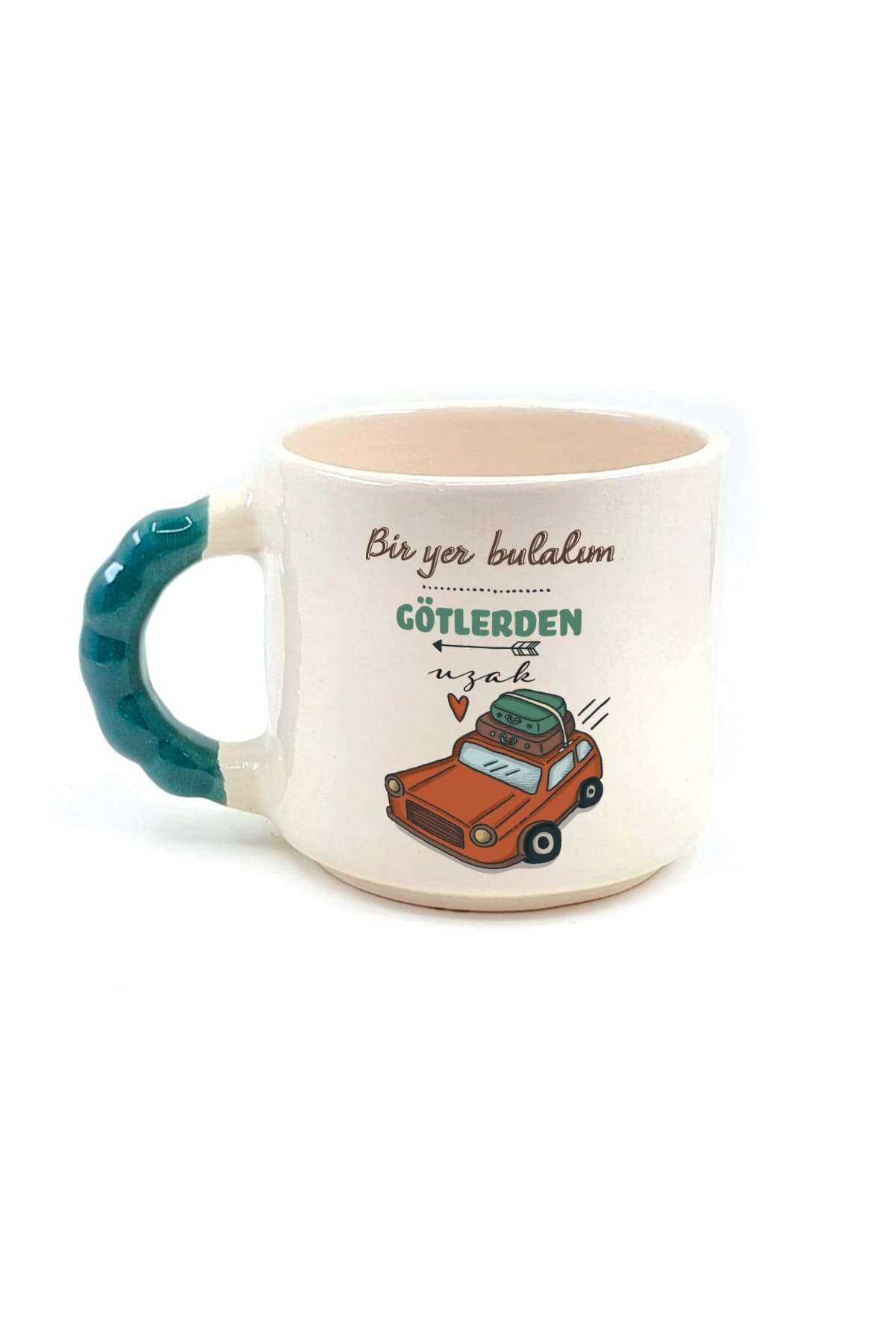 Bir Yer Bulalım G*tlerden Uzak Baskılı Yeşil Kulplu Boncuk Kupa - Komik Hediye Bardak Fincan Mug
