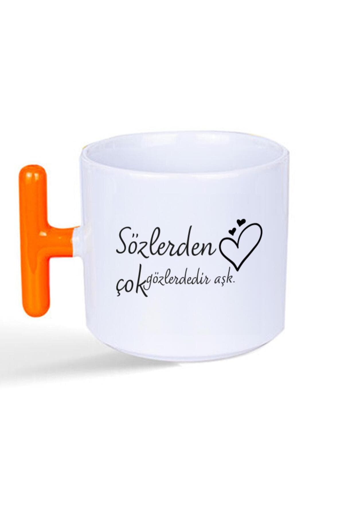 Sözlerden Çok Gözlerdedir Aşk Baskılı Turuncu Kulplu T Kupa - Sevgiliye Hediye Bardak Fincan Mug